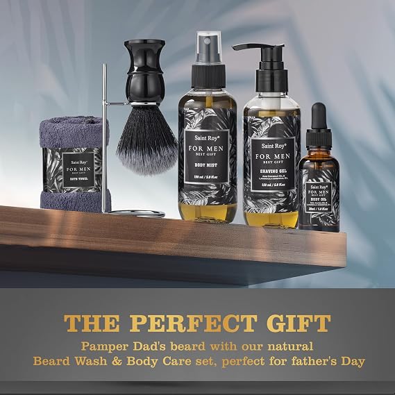 Fathers Bath and Body Gift Set, Birthday Gifts for Men Basket Spa Gift Set for Him Beard Shaving Kit Men's Beard Kit Brush Face Care Perfume Spa Kit, Beard Brush Rack, Christmas Gifts for Dad son Man