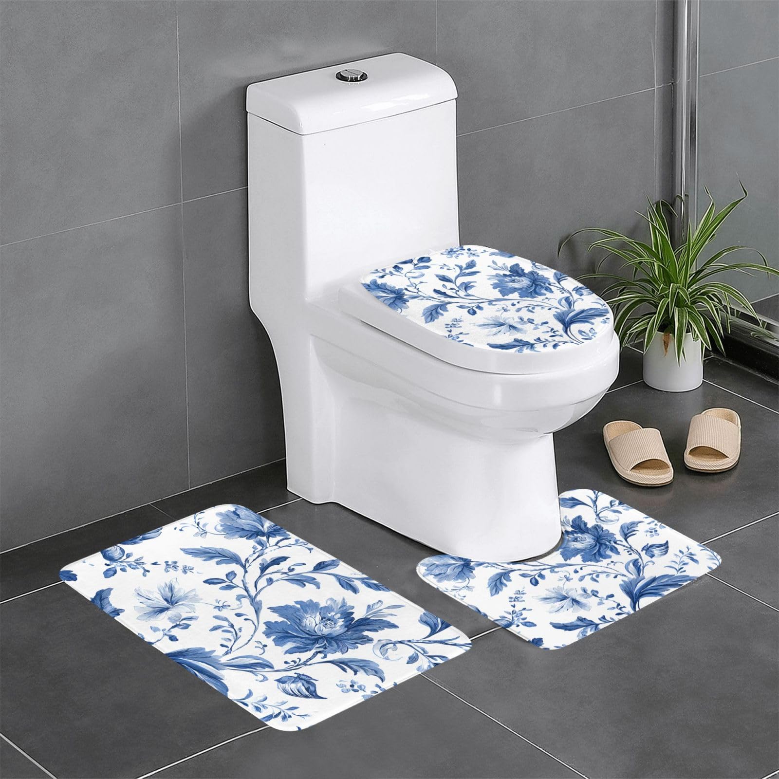 Tapis de salle de bain antidérapants avec tapis contour WC et toilette bleu