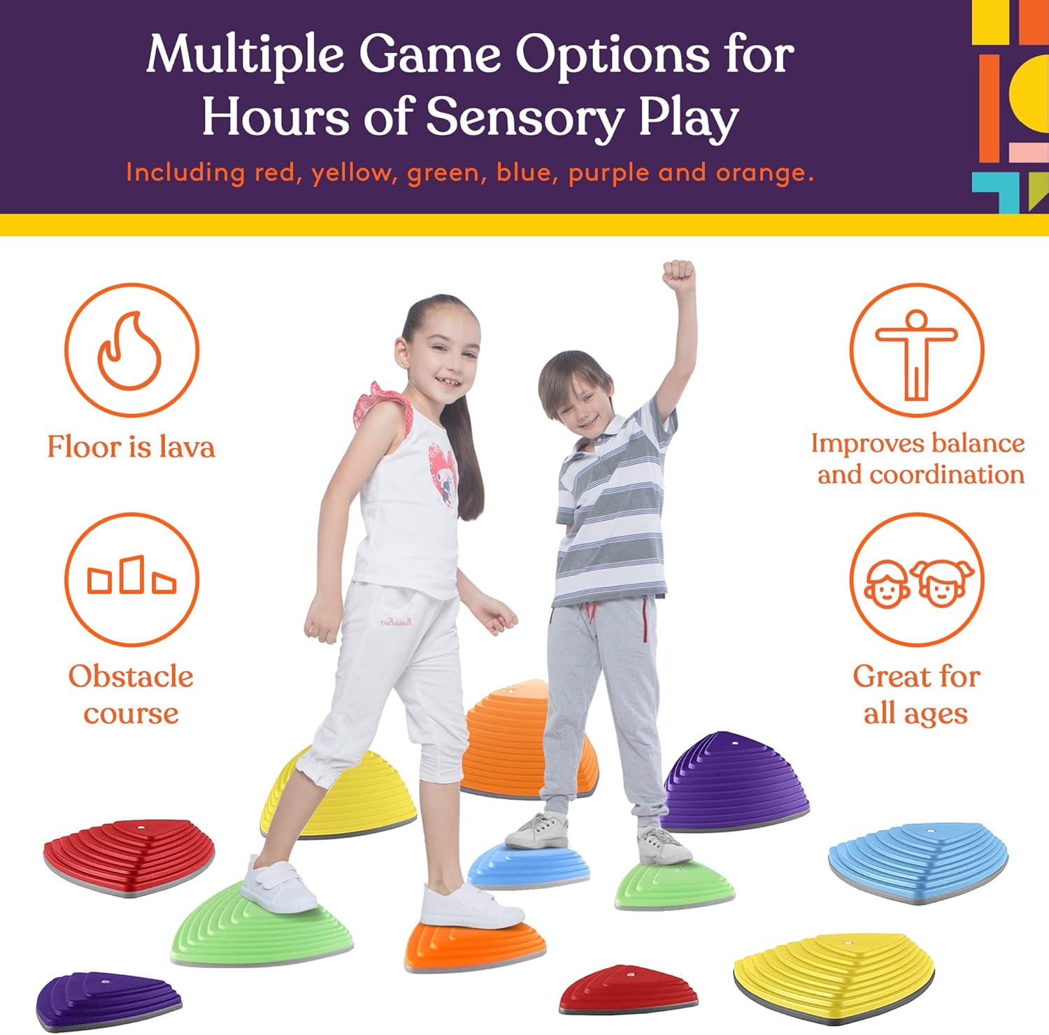 Special Supplies Stepping Stones for Kids Indoor and Outdoor Balance Blocks Promote Coordination, Balance, Strength Child Safe Rubber, Non-Slip Edging (Multi-Color, 12)