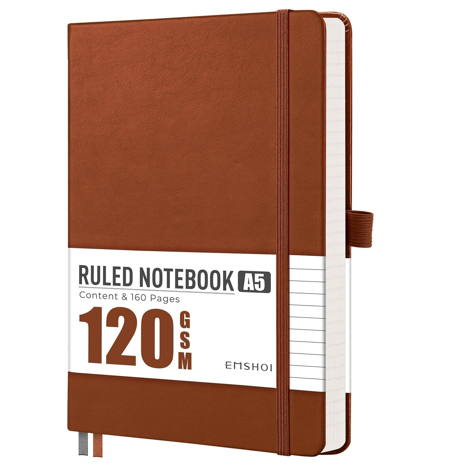 EMSHOI A5 Notebook Lined Journal - 120 GSM Paper Hardcover Notebook for Work, 160 Pages College Ruled Notebook, Leather Writing Journal for Women, Men, Work, School, 14.5 X 21 cm - Brown