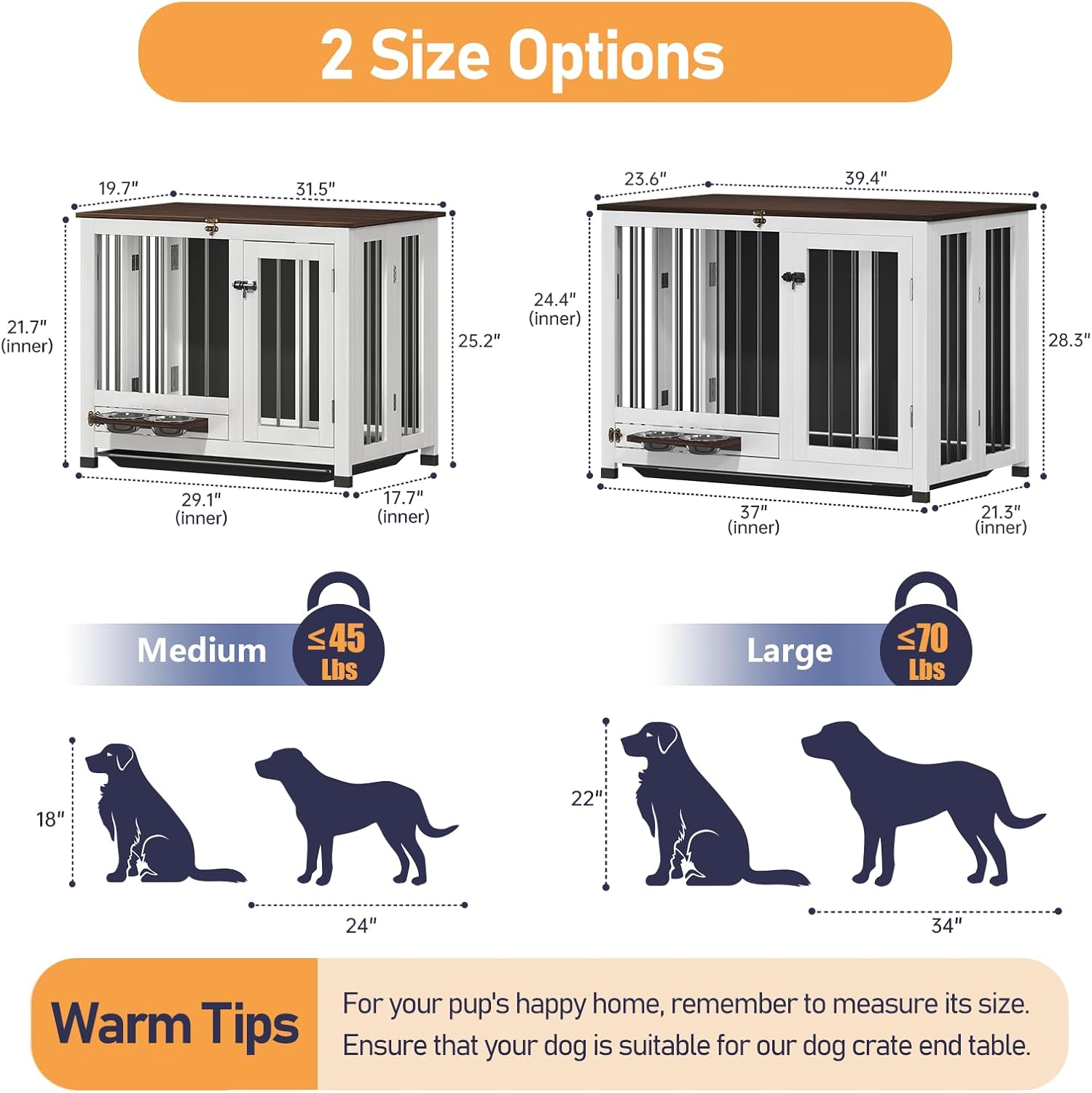 Dog Crate Furniture - 31.5" Wooden Indoor Dog Kennel with 360° Rotating Feeder & Removable Tray | Sturdy End Table for Medium & Small Dogs | Easy Assembly, White Dog Cage for Living Room