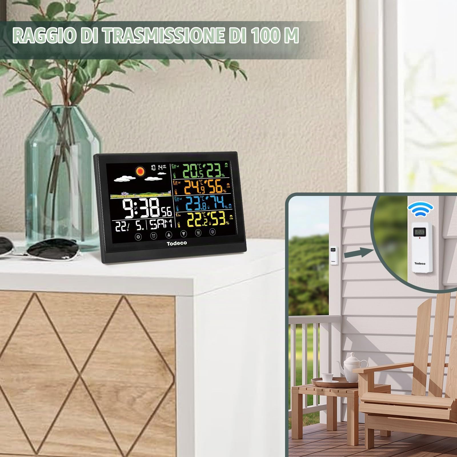 Todeco Stazione Meteo Wireless con 3 Sensori e Display a Colori | Temperatura, umidità e previsioni meteo, display LCD a colori, adattatore AC, allarme, calendario e DST automatico