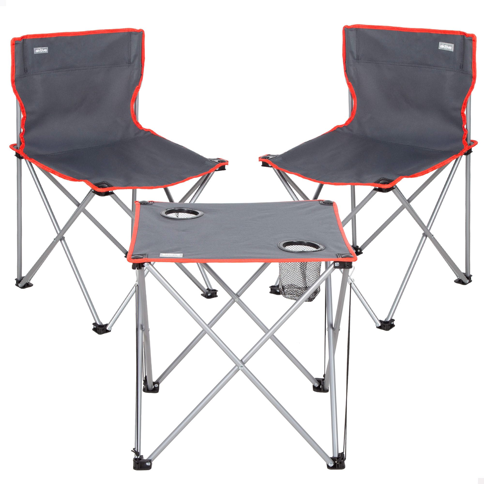 AKTIVE Set Camping Plegable, Mesa 46x46x46 cm, 2 sillas de 43x43x71 cm, Gris, Estructura Acero, Topes antivuelco, Peso soportado 110 kg, Posavasos Integrados, Bolsa de Transporte (63182)