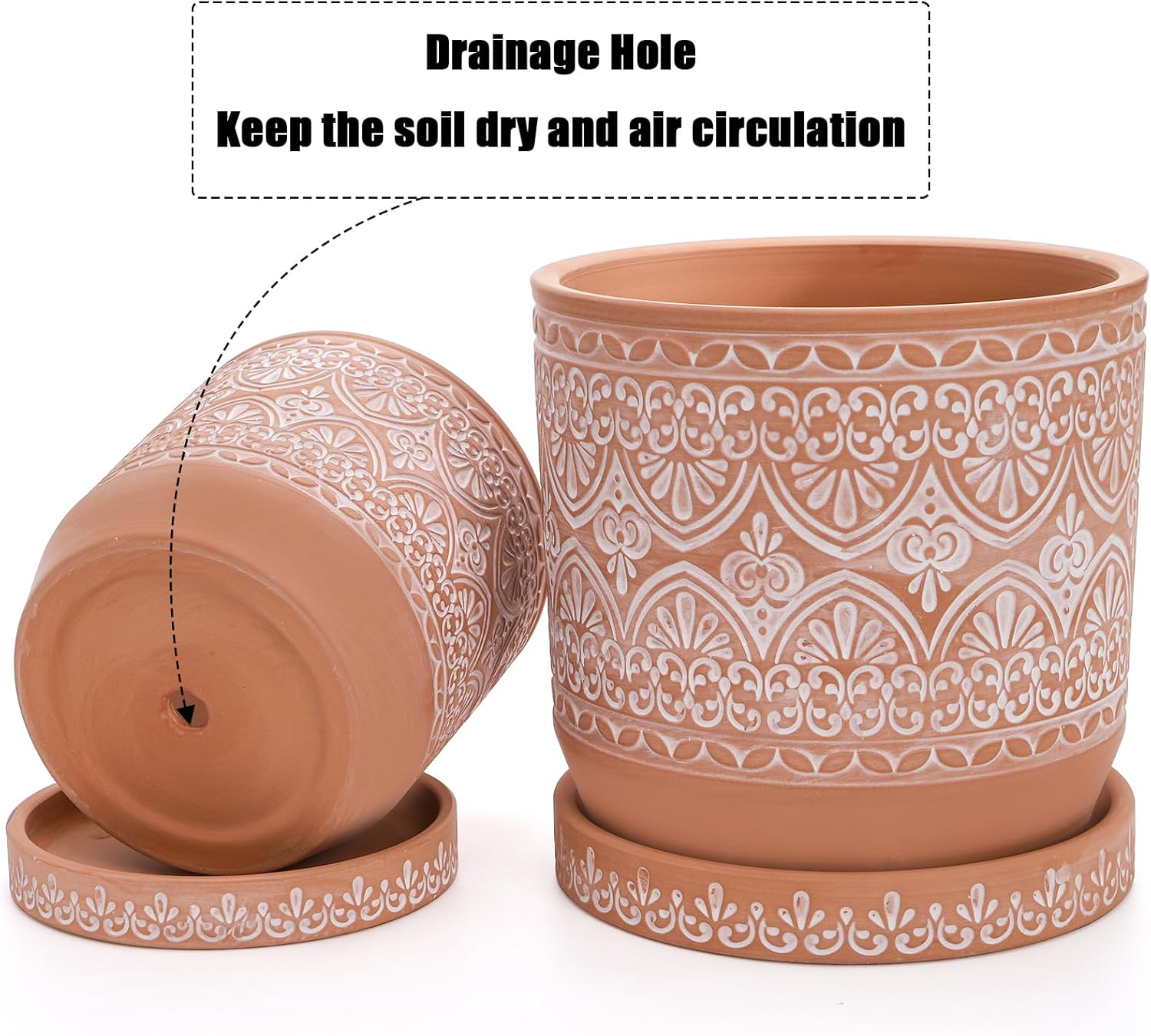 Suwimut Set of 2 Terracotta Plant Pots 4 Inch 6 Inch, Small Medium Clay Planter Pot, Ceramic Cactus Flower Succulent Pot with Drainage Hole and Saucer for Indoor Outdoor Plants