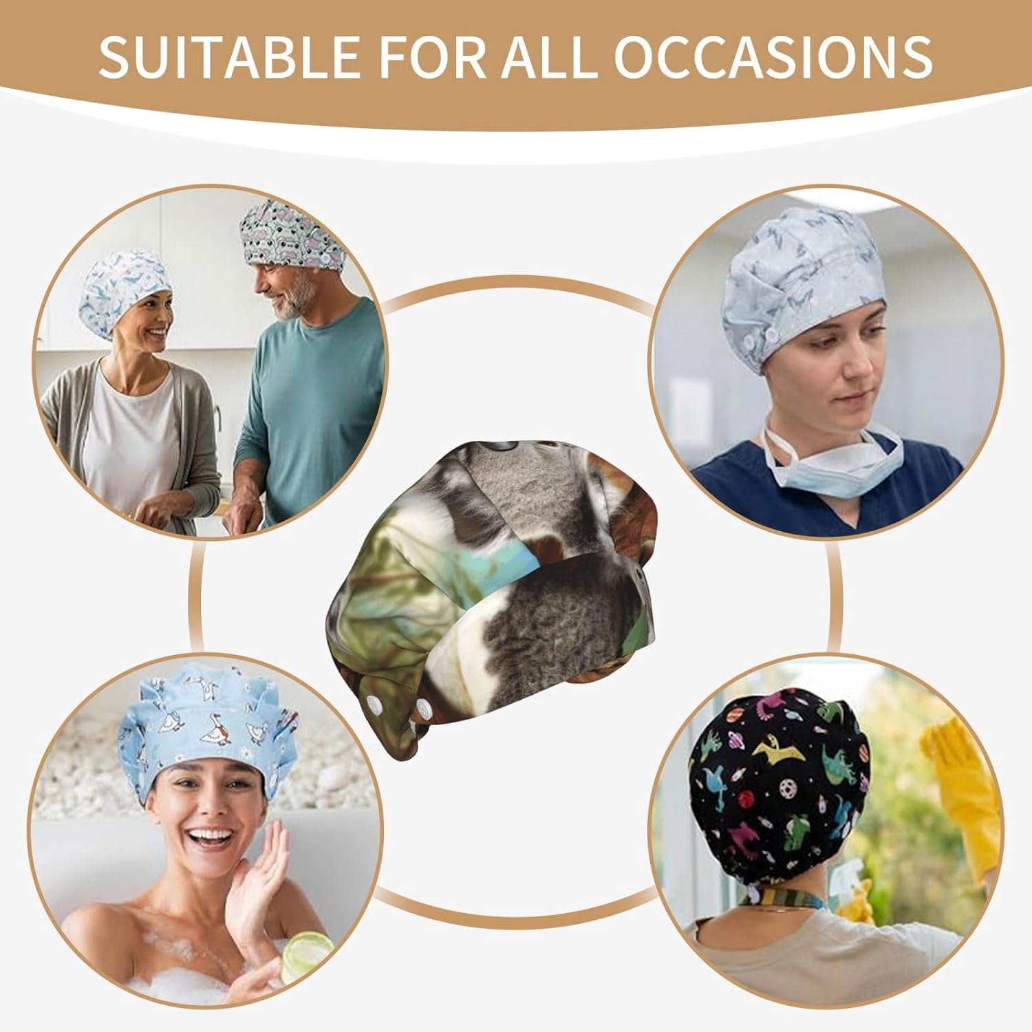 Koala Family Bouffant Cap with Buttons, Sweatband Cap Black