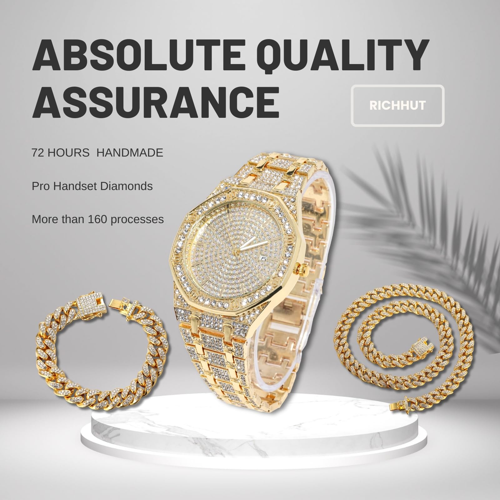Orologio di lusso con diamanti per bambini e adolescenti, placcato oro 18 carati, quadrante ottagonale da 38 mm, strumento di regolazione incluso, opzionale con catena cubana