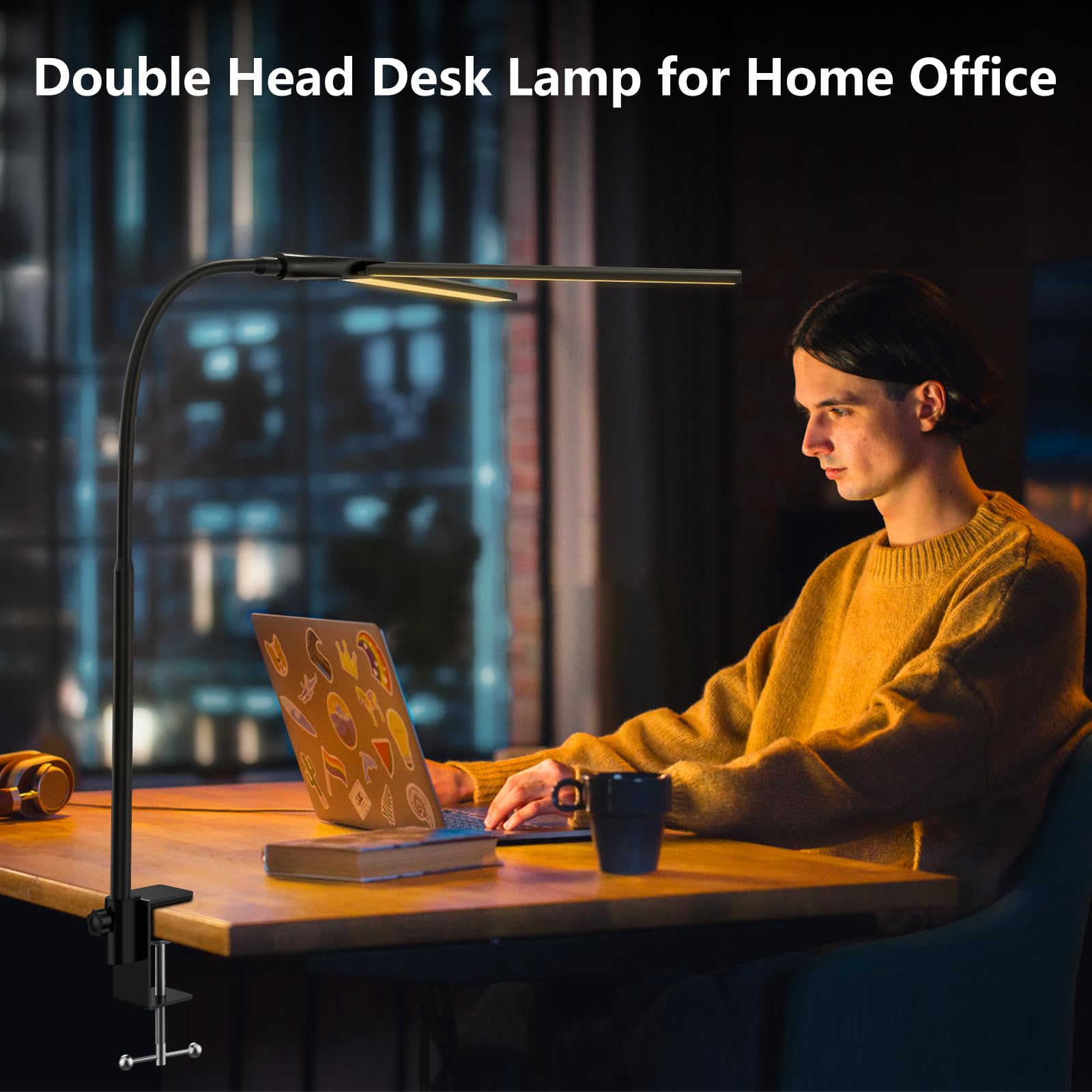 Schreibtischlampe LED Dimmbar 1200 Lumen Doppelkopf Klemmbar Augenschutz Schwanenhals Monitor Lampe Schwarz 5 Farbtemperatur-Helligkeitsstufen
