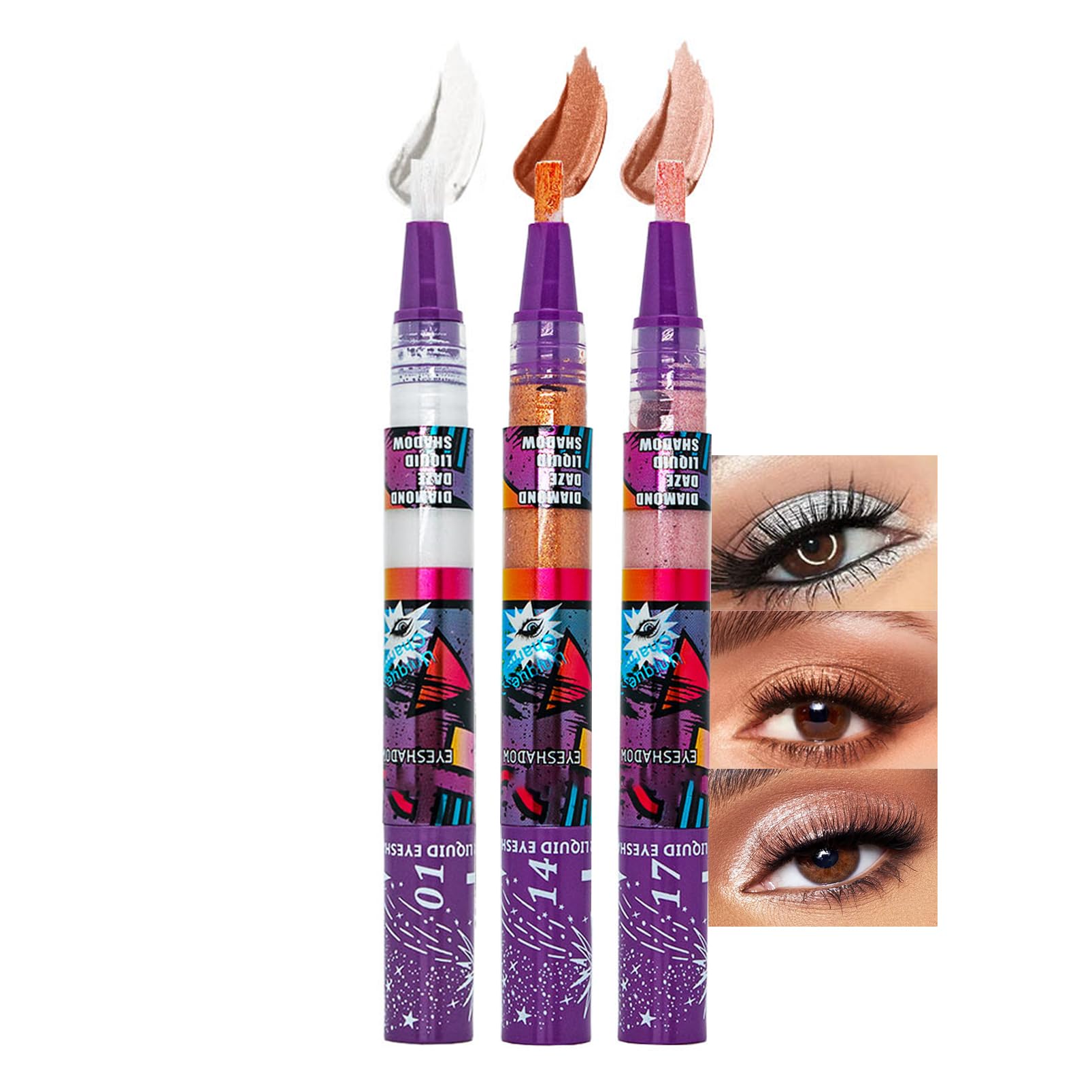 Sombra de ojos líquida metálica, 3 colores brillantes, resistente al agua y a las manchas, maquillaje de ojos en crema de larga duración, para ojos sin arrugas, secado rápido y liso, cepillo suave