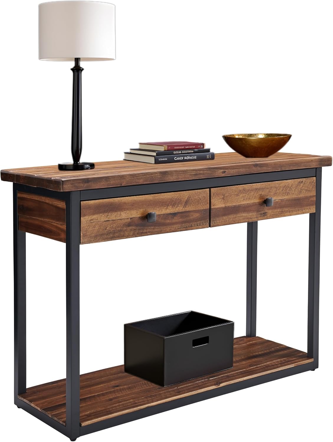 Alaterre Furniture Claremont 43-Inch Solid Wood Console Table with Drawers and Lower Shelf – Rustic Industrial Entryway, Sofa, or TV Table with Acacia Wood Top and Black Metal Frame (Dark Brown)
