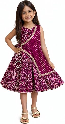 The Magic Wand Kids Girls Woven Printed Tiered Dress Ethnic Festive Party Knee Length Stylish One Piece Midi Fit &amp; Flare F...