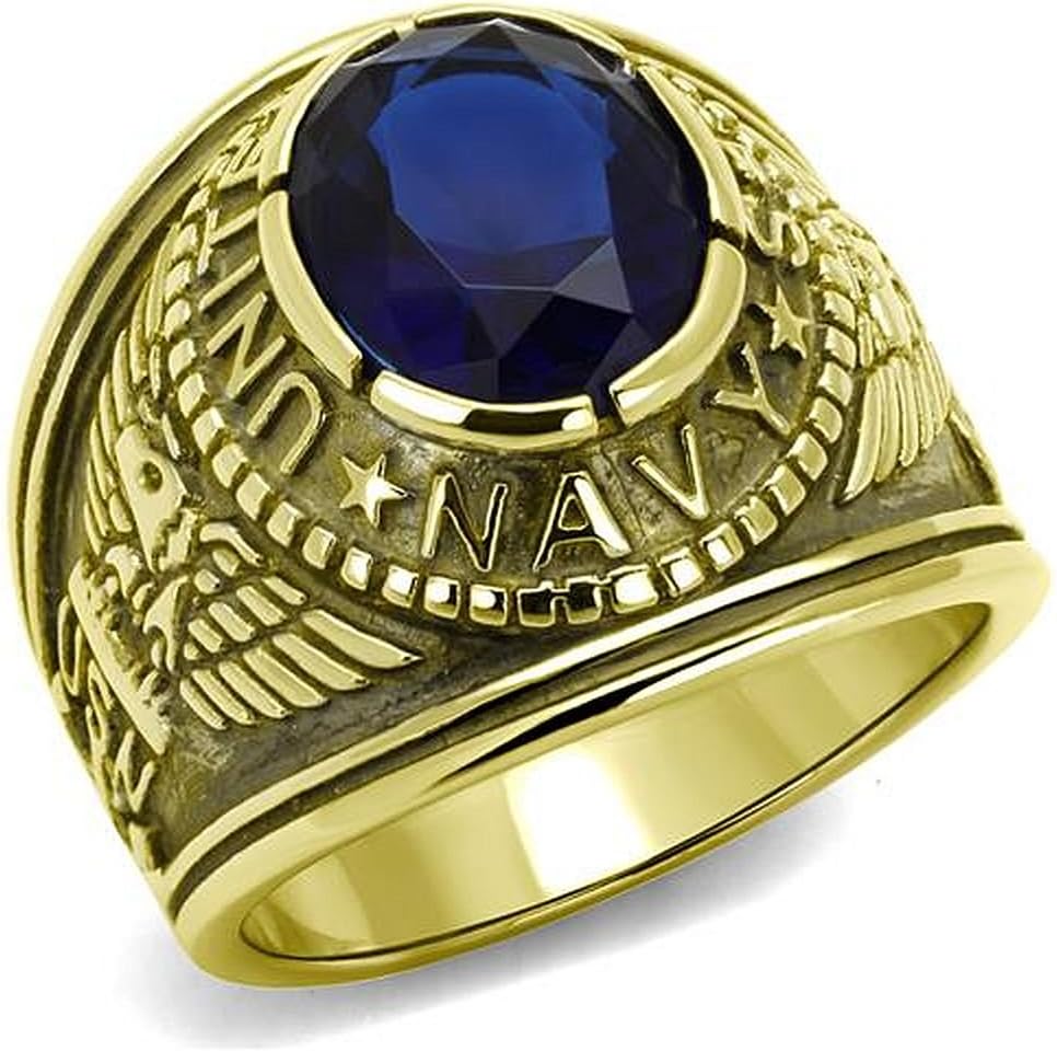 NationalonlinediscountsStainless Steel US Navy USN USA United States Military Veteran Gold Electroplate Blue Oval Stone Ring sizes 8,9,10,11,12,13 & 14
