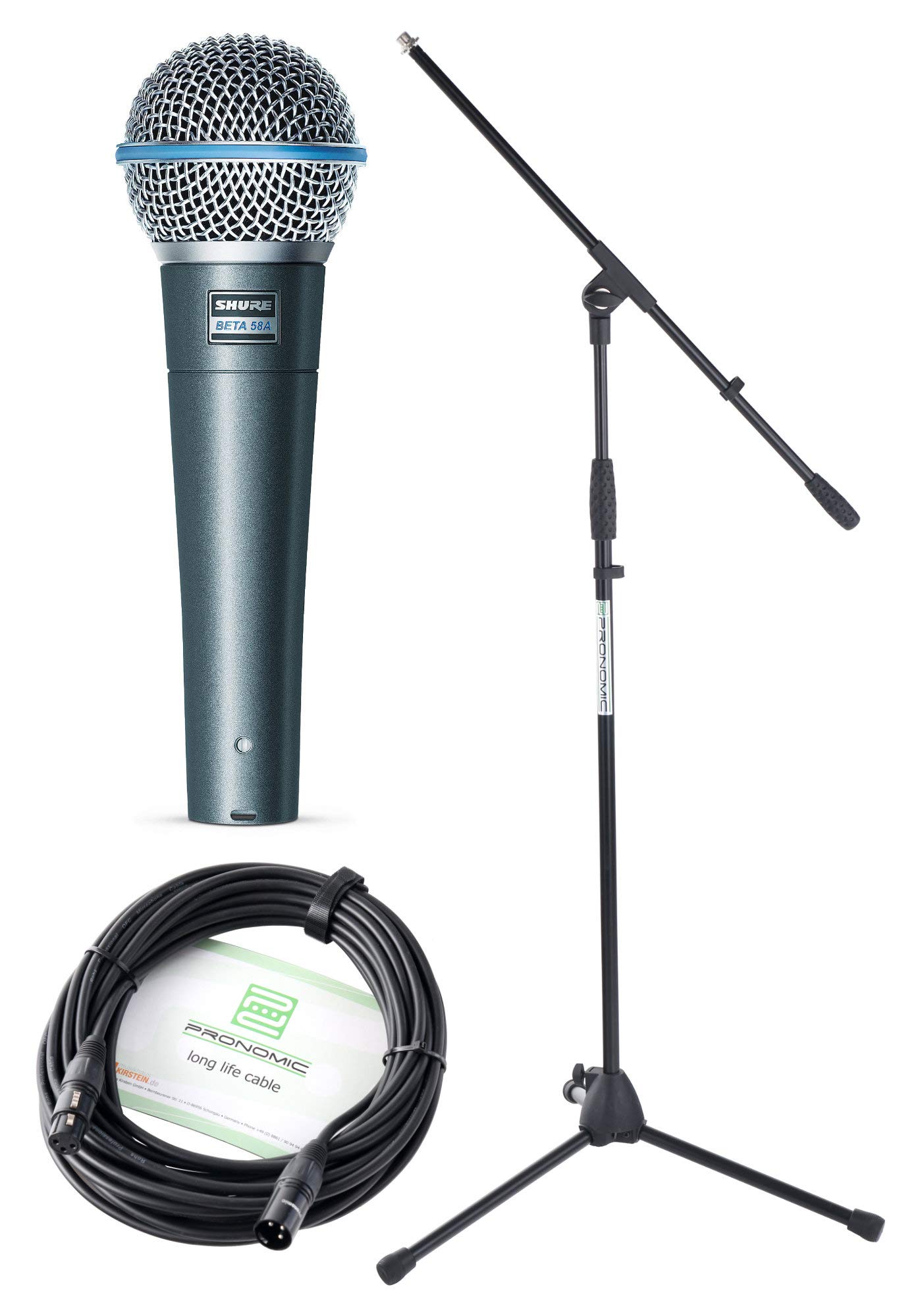 Shure Beta 58A zestaw mikrofonowy - charakterystyka supernieruchomości - zakres transmisji: 50-16 000 Hz - zoptymalizowany zakres transmisji dla doskonałej jakości dźwięku - zestaw zawiera kabel i statyw