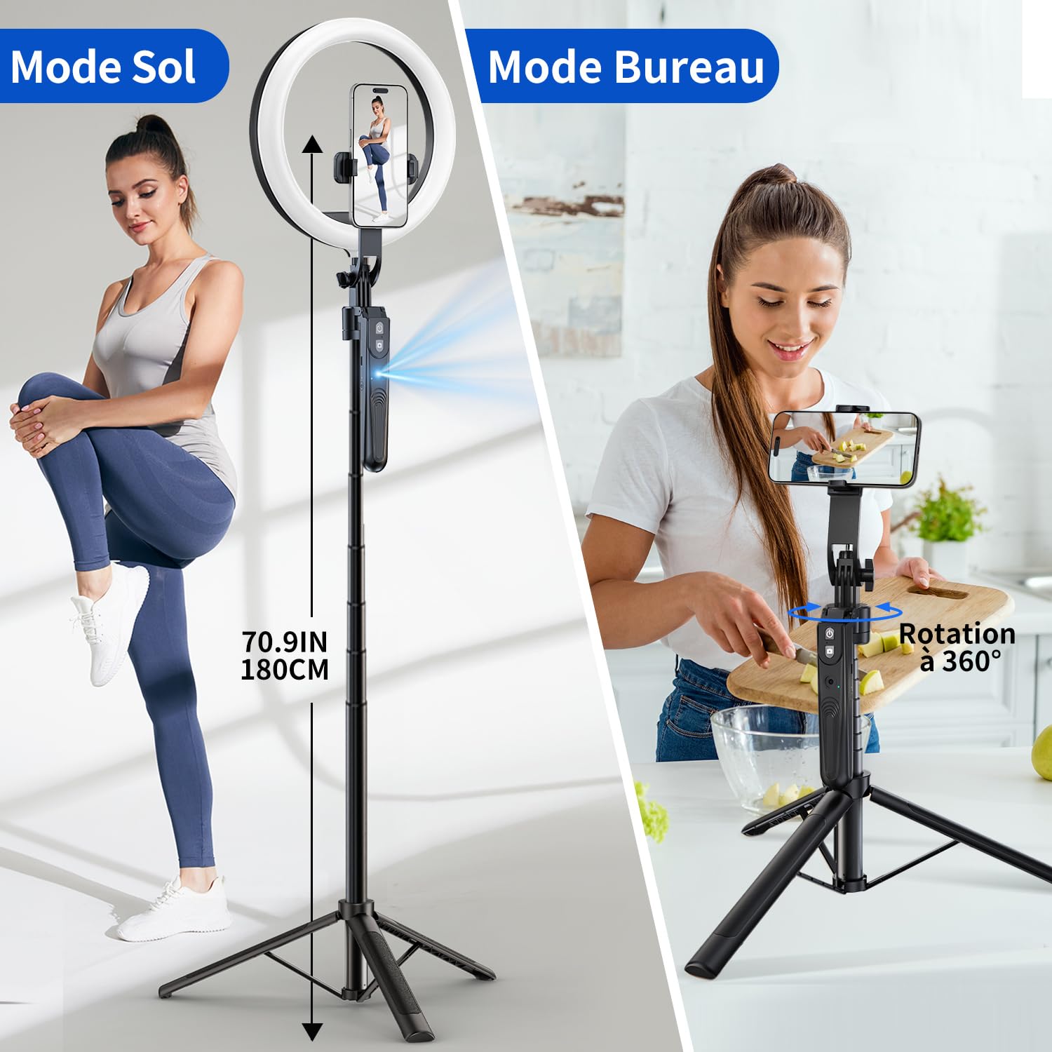 yAyusi Trépied Rotation à 360° de Suivi Automatique du Visage avec Anneau Lumineux,180CM Trépied de Téléphone Perche à Selfie avec Télécommande,Trépieds à Capteur Mouvement pour Vidéo/Vlog (3 Couleur)
