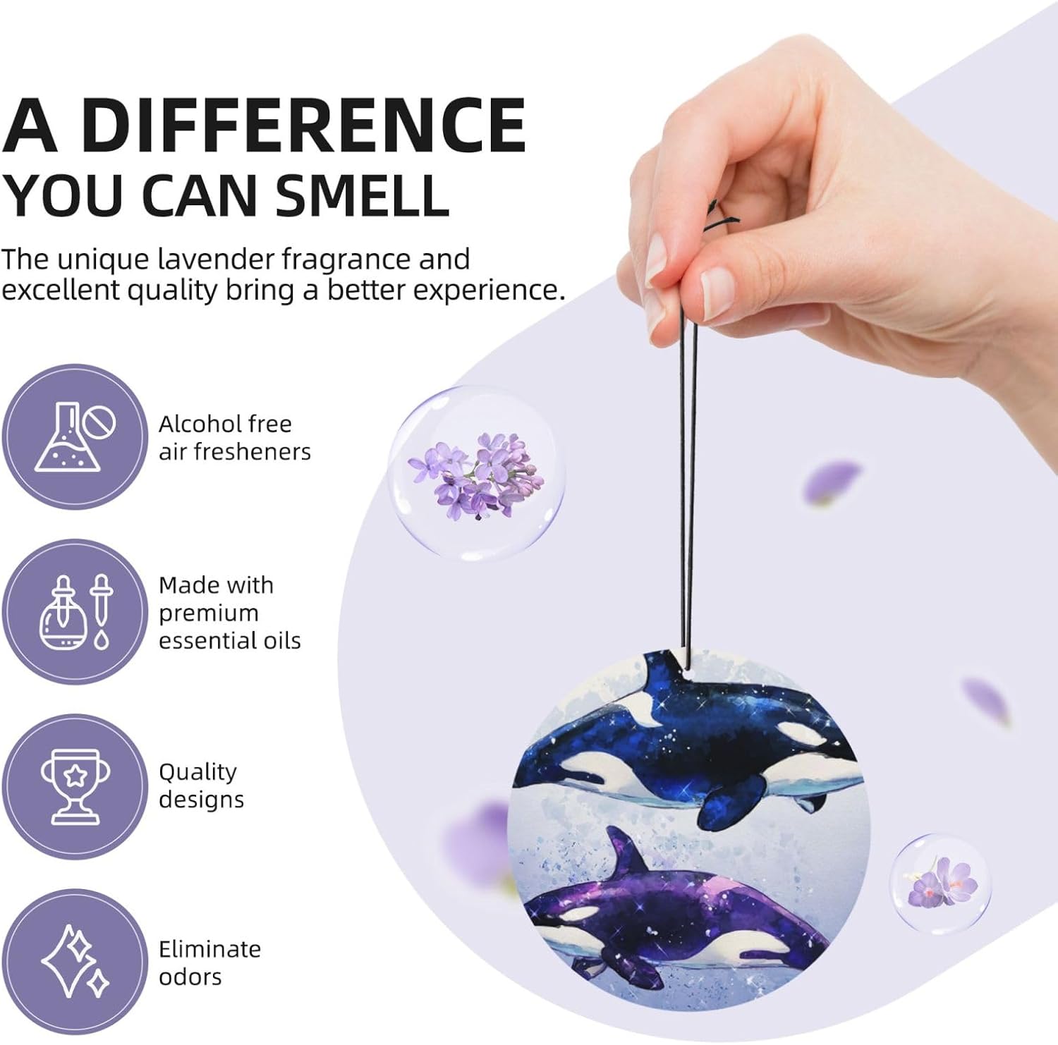 Car Air Freshener 24 PCS Orca Killer Whale Hanging Car Air Fresheners Auto Interior Decor Card Freshener Strong Scented Card Lavender Cars Scents for Office Bedroom Close Drawer Round Shape