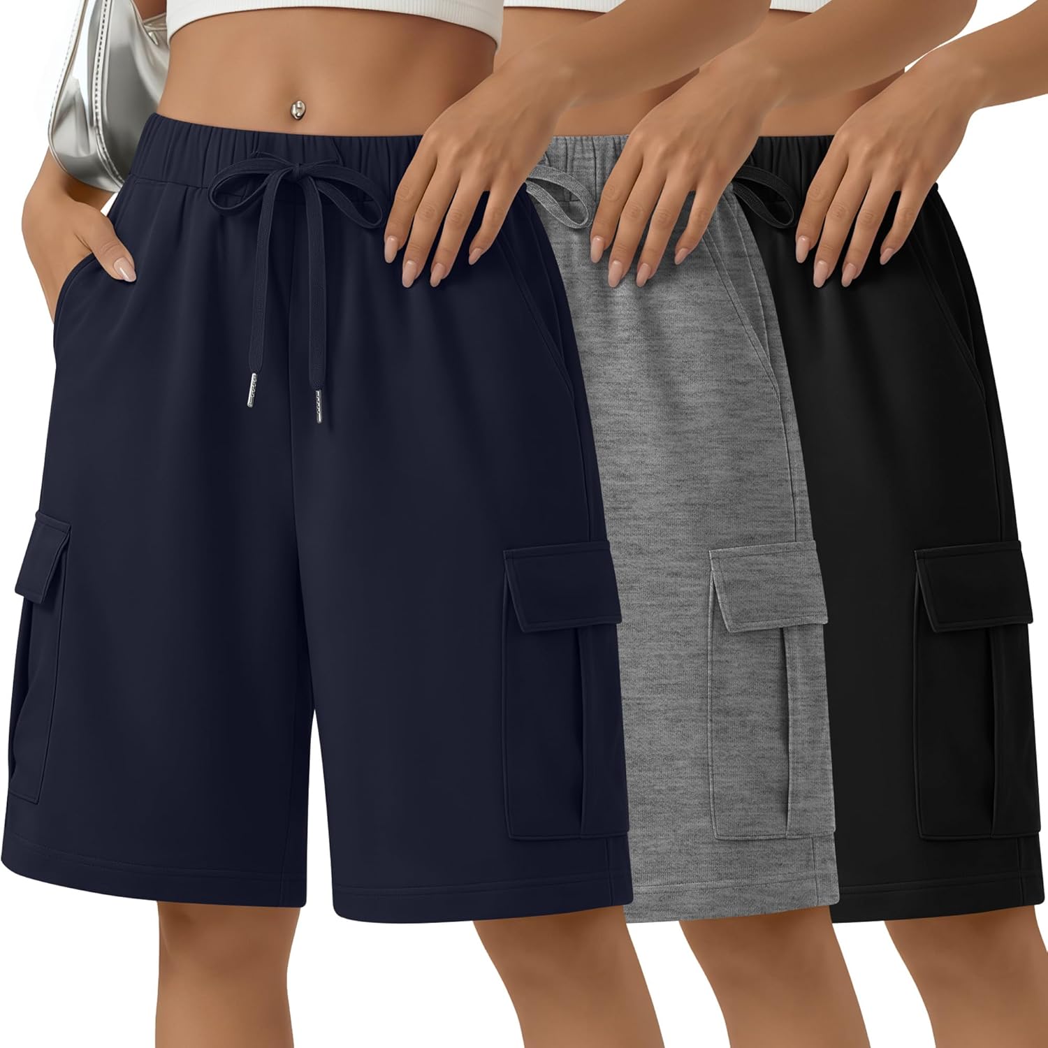 3 Pack Women's Bermuda Shorts Cargo Wide Leg Knee Length Sweat Shorts Lounge Athletic Drawstring Short with Pocket