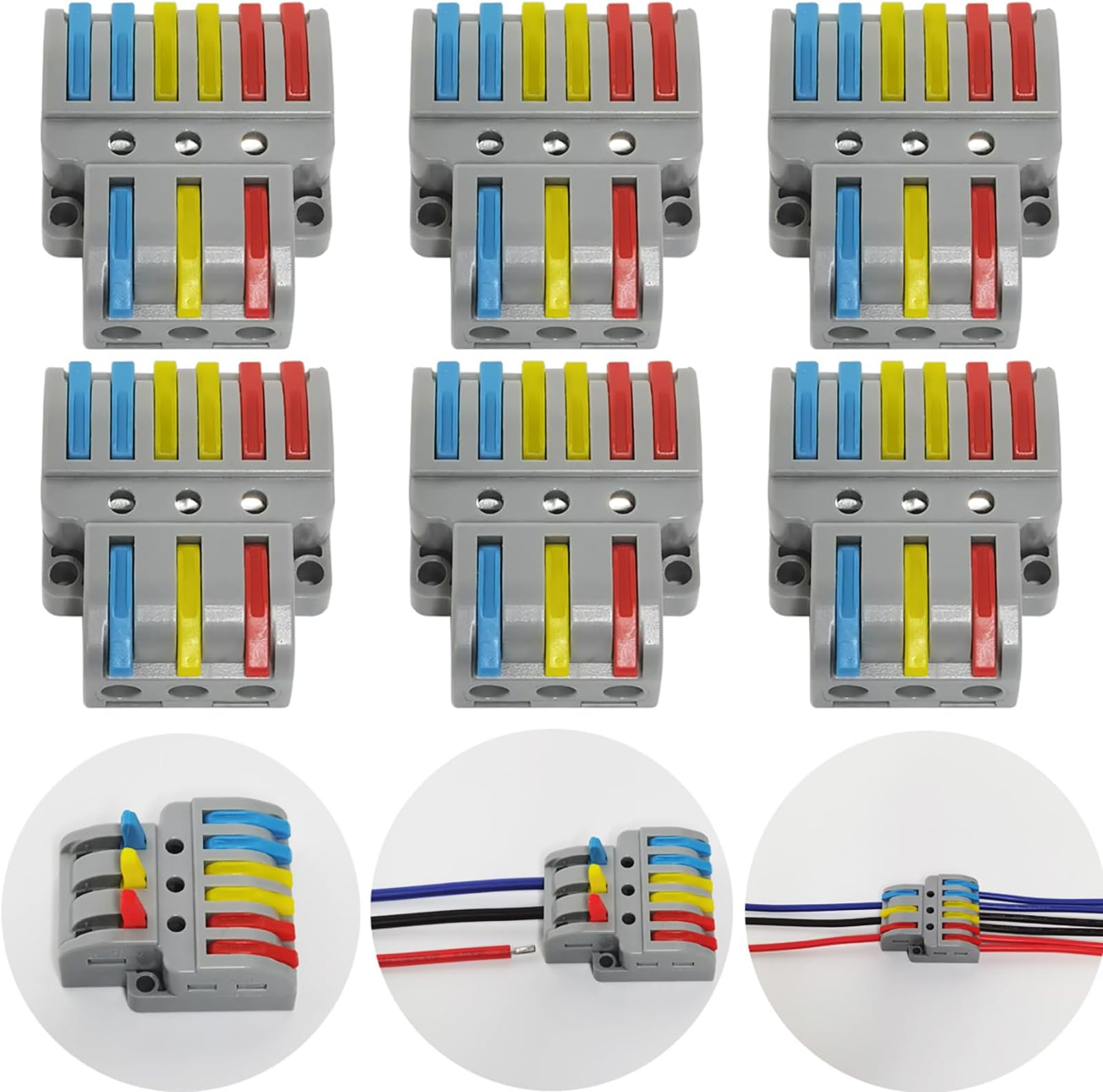 Compact Wire Connectors, CTRICALVER 6 pcs Compact Splicing Connectors, Lever Nut Assortment Conductor, 3 In 6 Out Electrical Connectors Blocks with 18 pcs screws