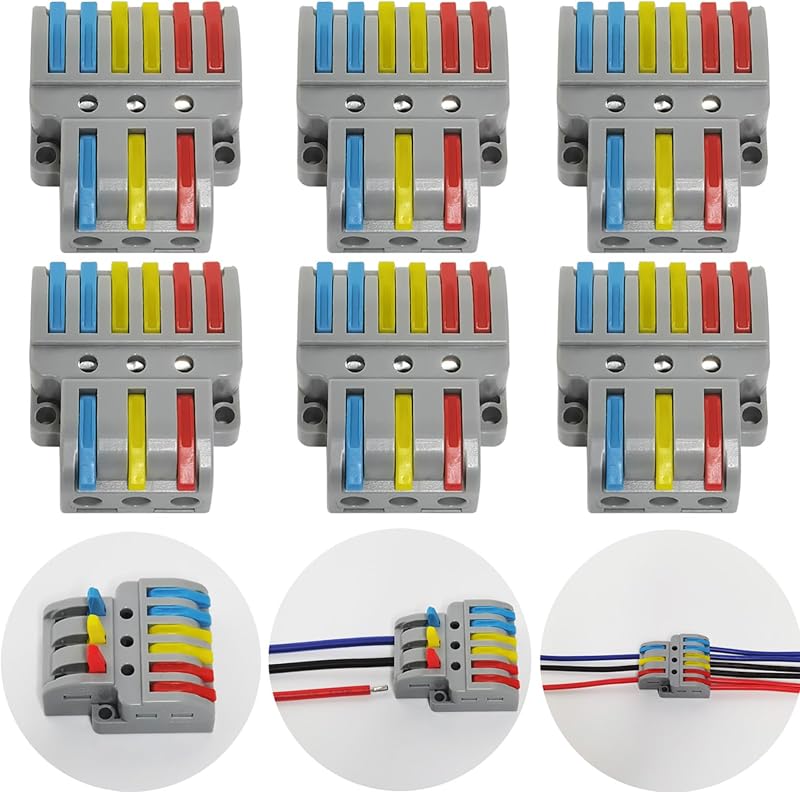 CTRICALVER Kompakt Vezetékösszekötő Készlet - 6db 3-6 Pólusú Elosztóblokk, Többszínű Elektromos Csatlakozó, 18 Csavarral, 250V/32A