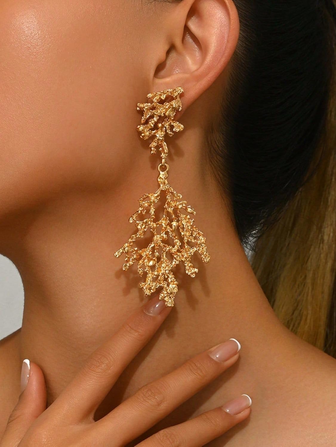 Earrings for Women Gold Statement Pendant Earrings, Gold Plated Coral Drop Dangle Earrings for Wedding Women's Vacation, Party, Back To School Season, Holiday Gift - Image 3