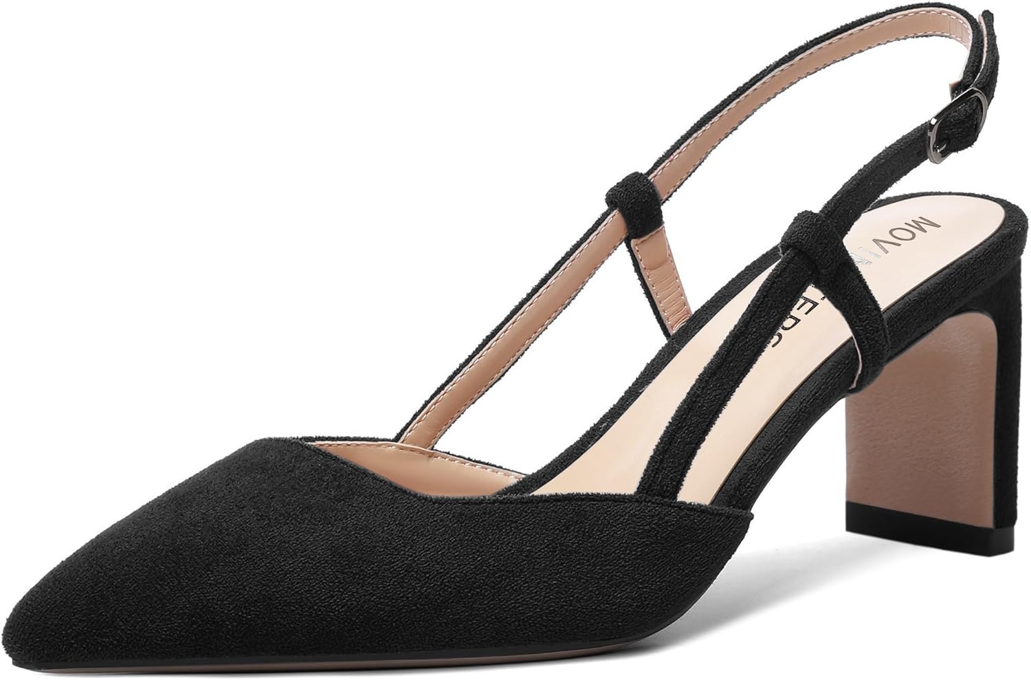 MOVINSTEPS Womens Solid Cute Night Club Buckle Pointed Toe Slingback Suede Chunky Mid Heel Pumps Shoes 2.5 Inch