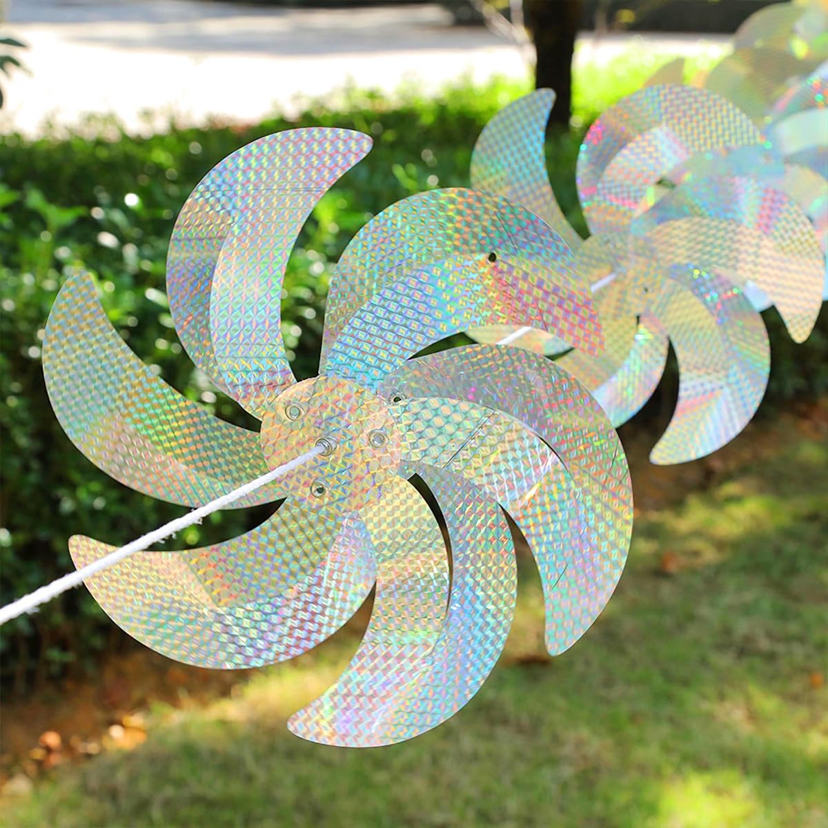 10 Meters 8 Pieces Reflective Pinwheels Bird Repellent Devices Outdoor Windmills, 12 Inches Silver Wind Spinners Outdoor Decor to Scare Birds, Large Shiny Rotating Pinwheels for Yard and Garden