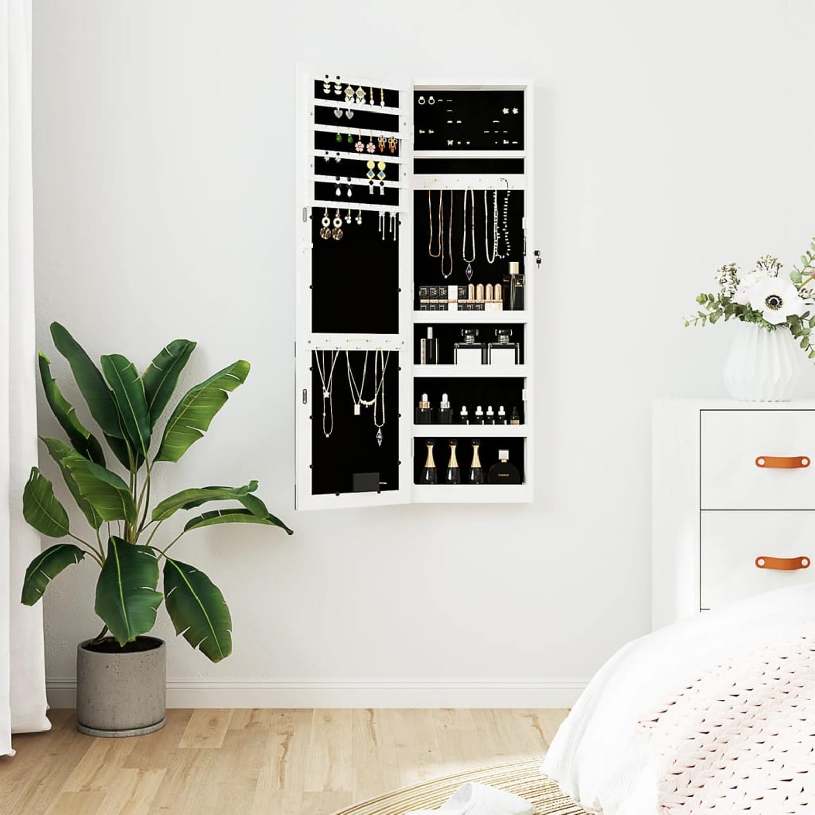 Lustro z pudełkiem na biżuterię i oświetlenie ścienne LED, białe lustro, lustro łazienkowe, lustro do salonu, wejście do przedpokoju, meble do salonu SPU: 353253