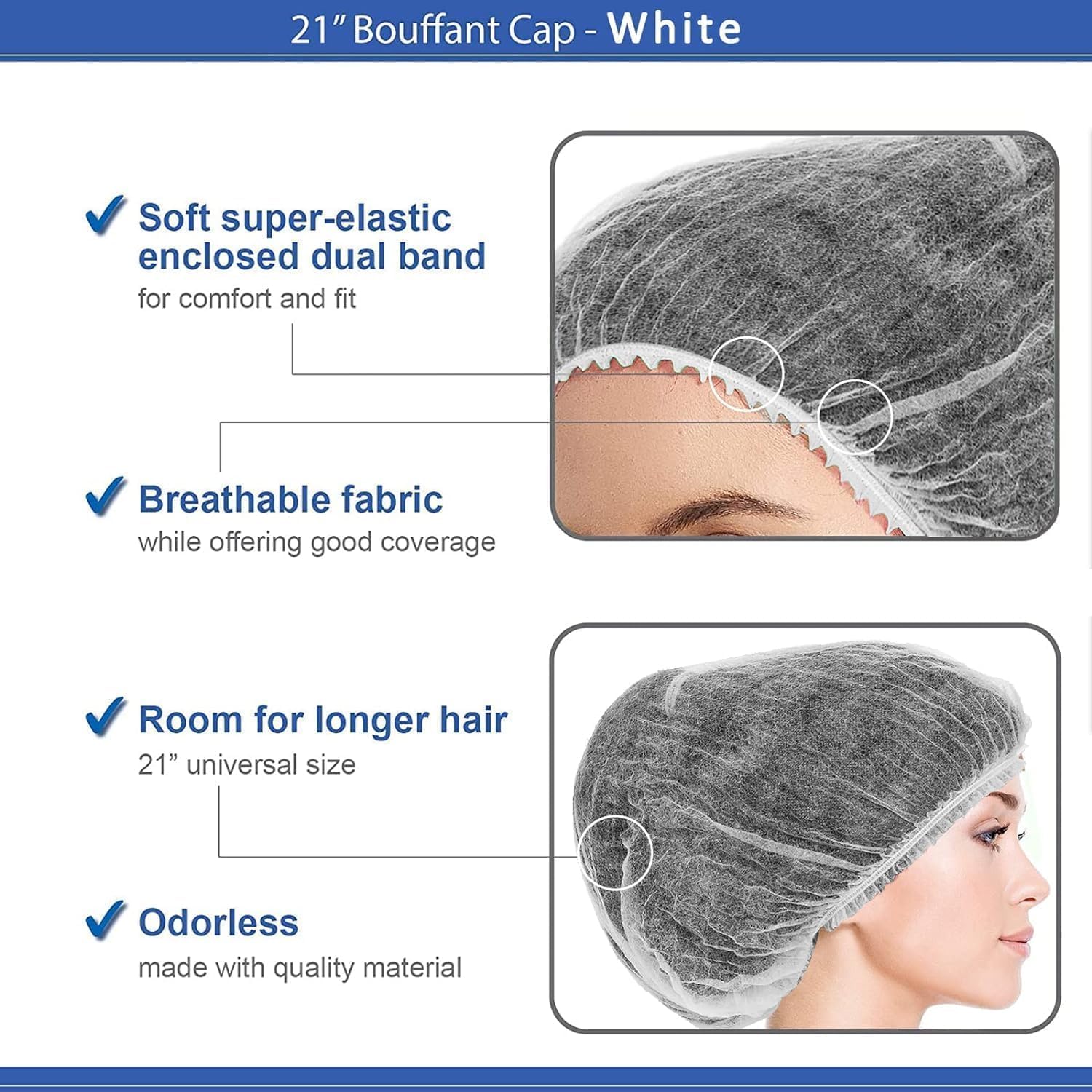 Rudra Premium Disposable Bouffant Caps (Pack of 300) - White Non-Woven Hair Cover Net with Smart Elastic Band for Kitchen, Cooking, Salons, Spa & Food Service | 18-Inch Universal Unisex Fit 2