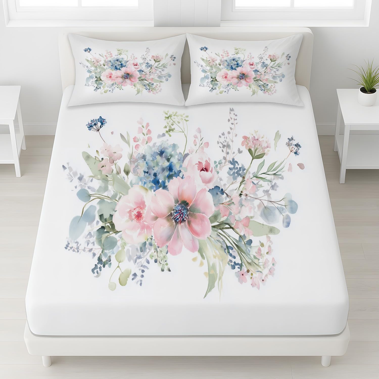 Impressionistische Blüten, Grünes Laub Spannbettlaken 160x200 - Bettlaken Pflegeleicht, Zarte Ästhetik, Leicht und Weich, Bettwäsche-Set, 3-teiliges Damen-Hauptschlafzimmer, Gemütliches Gästezimmer