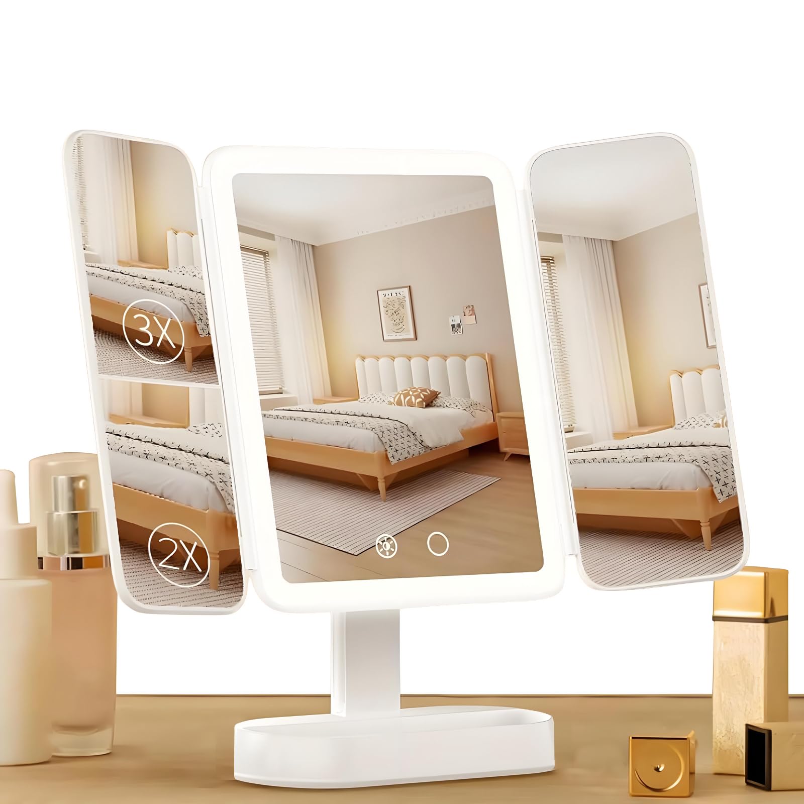 ACETEND Vanity Mirror With Lights,1x/2X/3X Trifold Travel Makeup Mirror,Rechargeable Touch Screen Magnifying Dressing Table Mirror with 3 Color Lighting,Stepless Dimming