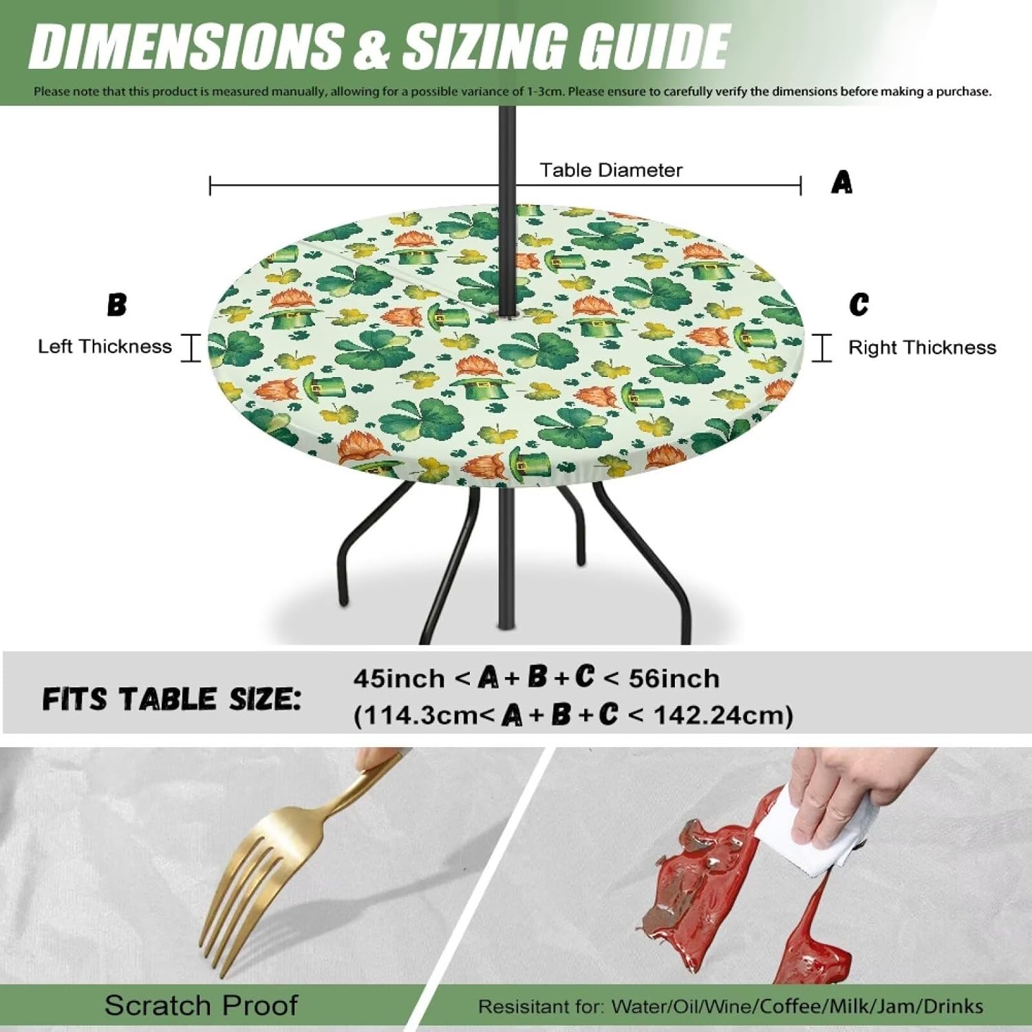 Round Patio Table Cover with Umbrella Hole Trendy St Patricks Day Tablecloth for Round Bistro, Dining Table Easy Install Outdoor Table Cover with Elastic for Backyard, Terrace, Camping