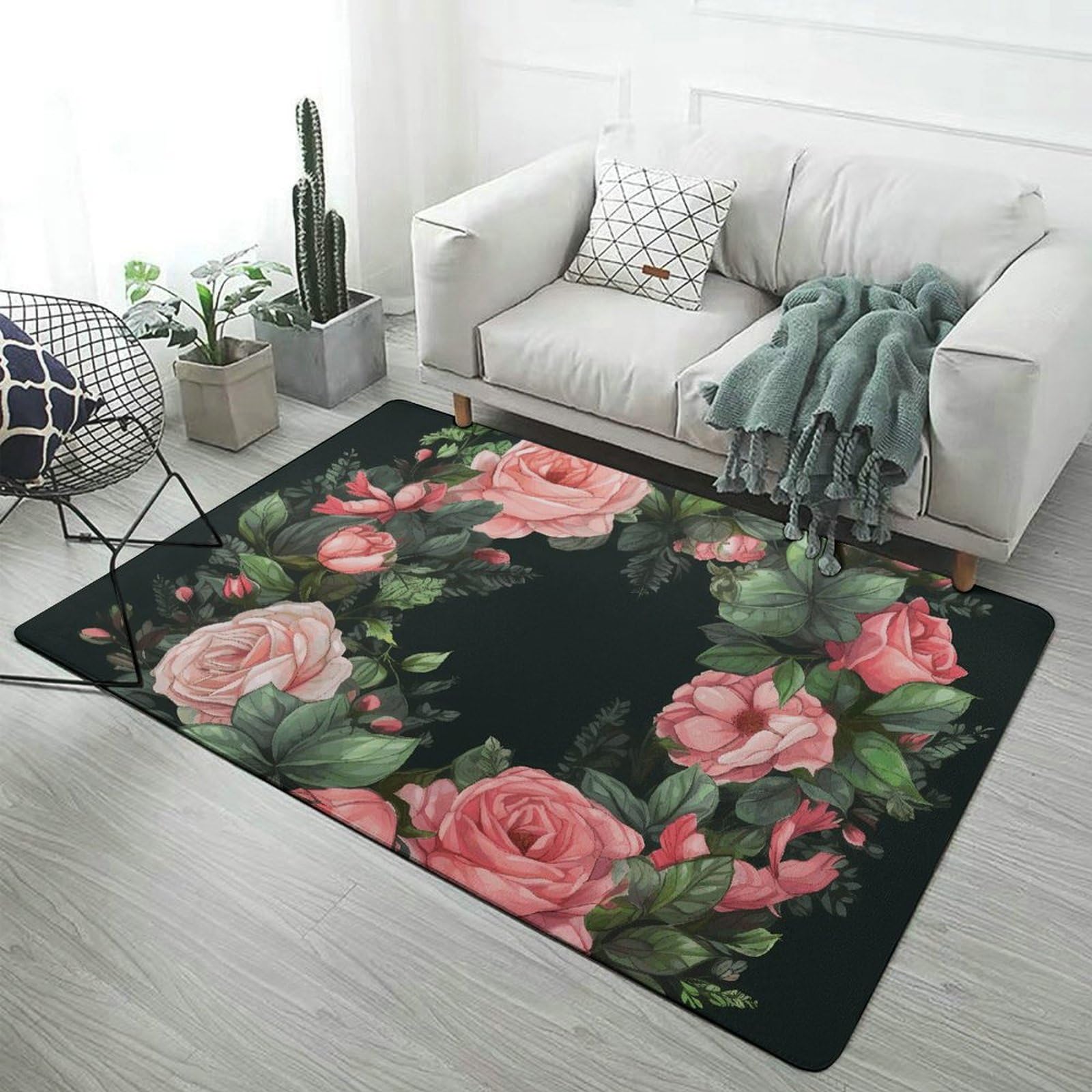Tapis de sol motif fleurs noir 150x100 cm lavable et antidérapant