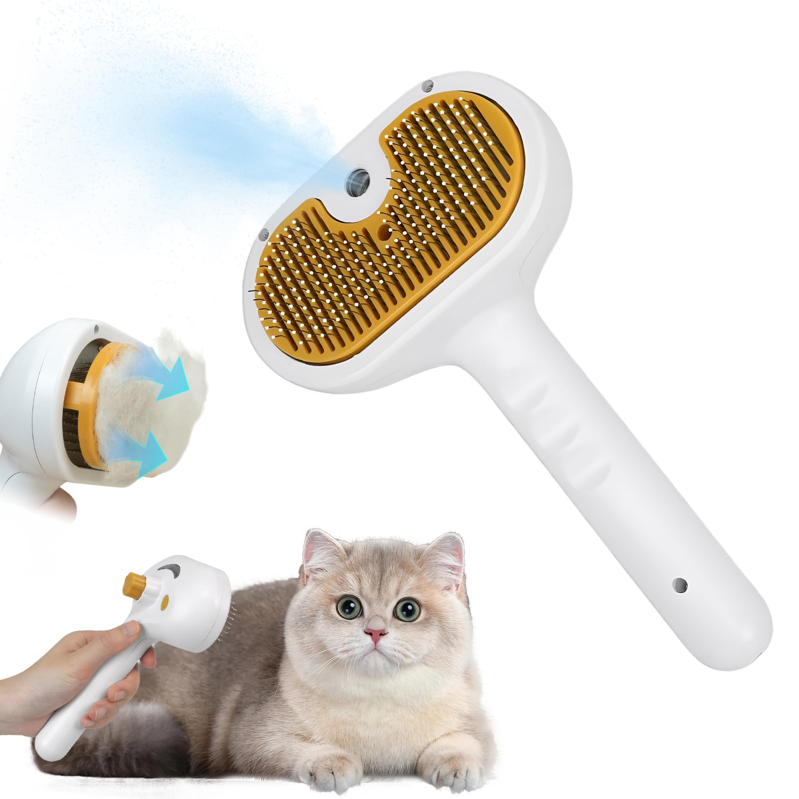Cepillo Vapor para Gatos Con Botón de Liberación, Cepillo Vapor para Gatos y Perros, Antiestático Peine de Masaje,Multifuncional Recargable,con Gotero Puedes Añadir Agua o Esencia,Solo Niebla Fría