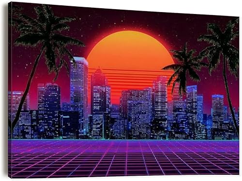 Canvas Wall Art Prints Retro wave synthwave vaporwave skyline scenery landscape Large Framed Artwork Wall Paintings Pictures Posters 24"x36" Wall