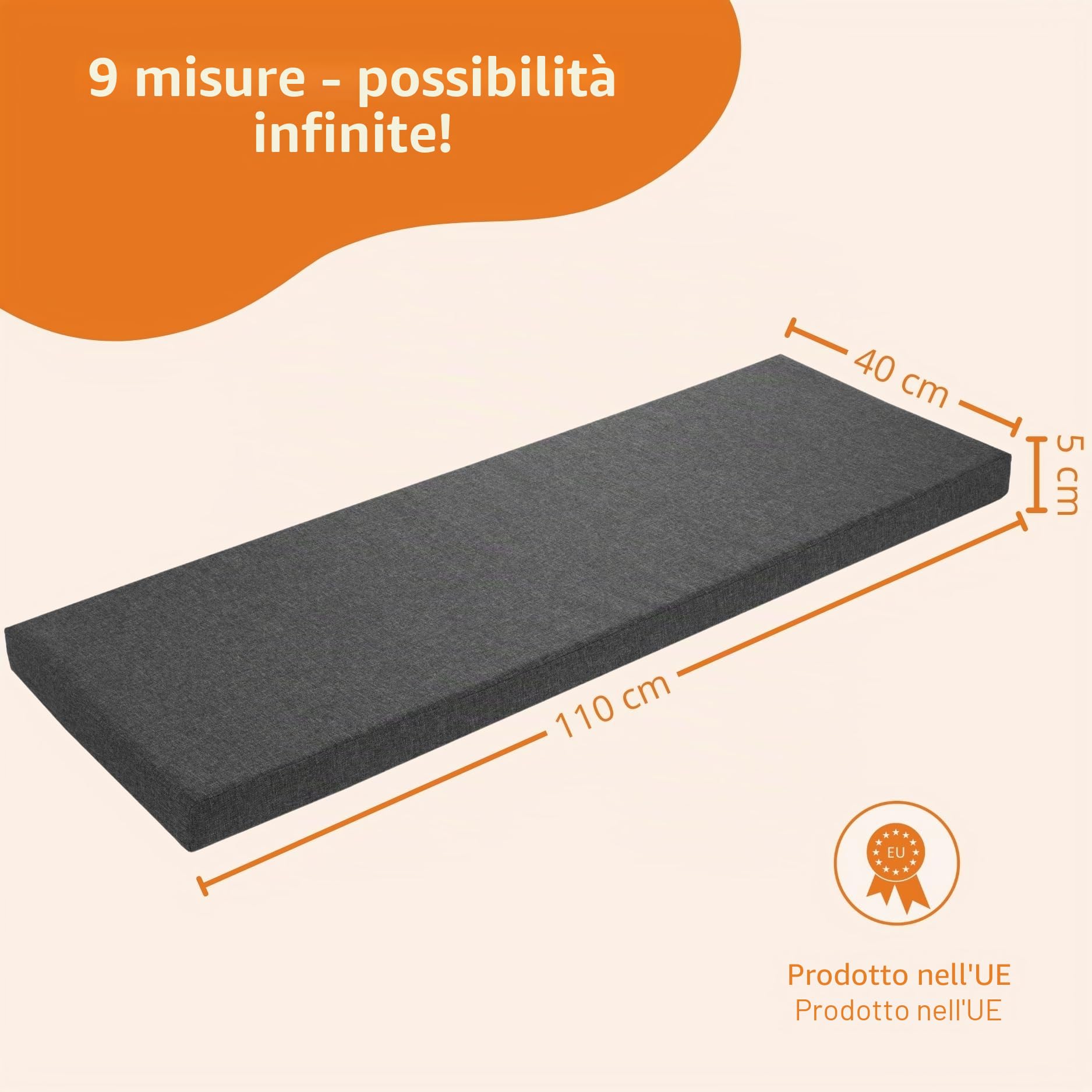 sleepling Cuscino per panca 110 x 40 cm, grigio scuro, cuscino per seduta per esterni ed interni, cuscino per panca, fodera lavabile, fondo antiscivolo, prodotto nell'UE