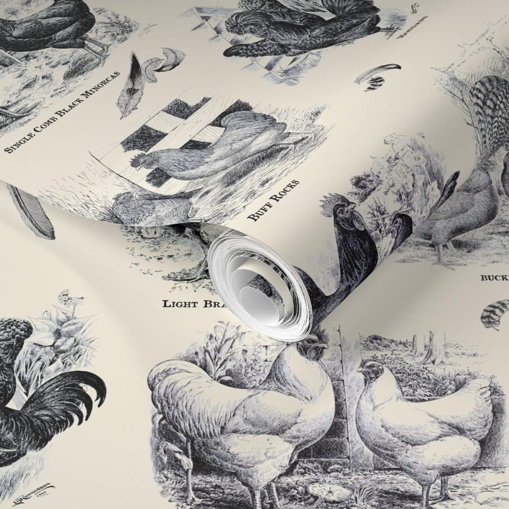 Removable Wallpaper 6ft x 2ft - Poultry Cream Black Toile Vintage Antique Victorian Historical Chicken Custom Pre-Pasted Wallpaper by Spoonflower