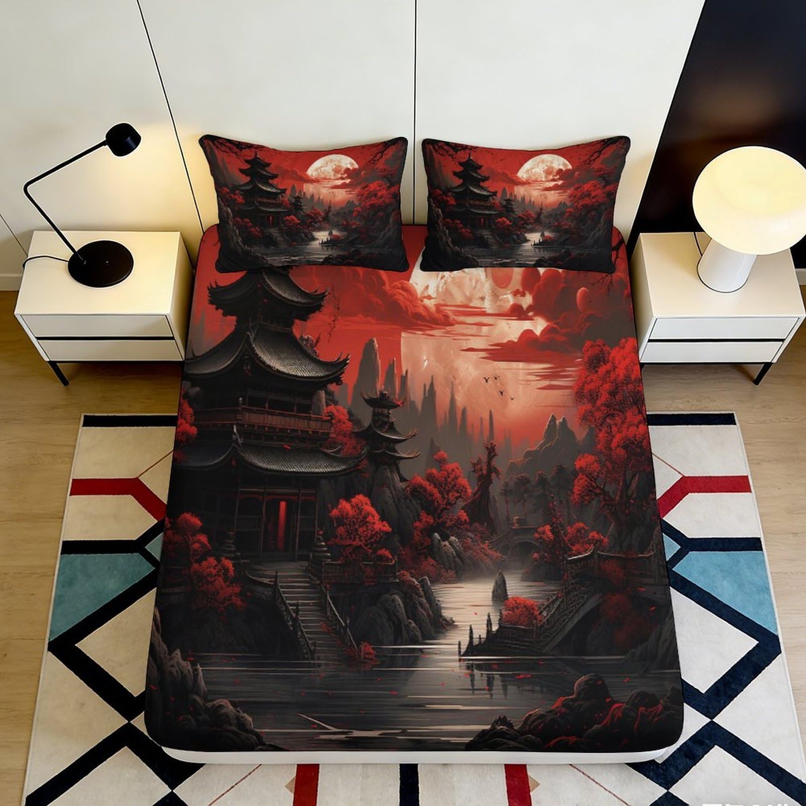 3D Printed Red Japanese Pagoda Fitted Sheet Microfiber Soft Art Sunset Landscape Bed Cover for Bedroom Guestroom 90x200x25cm