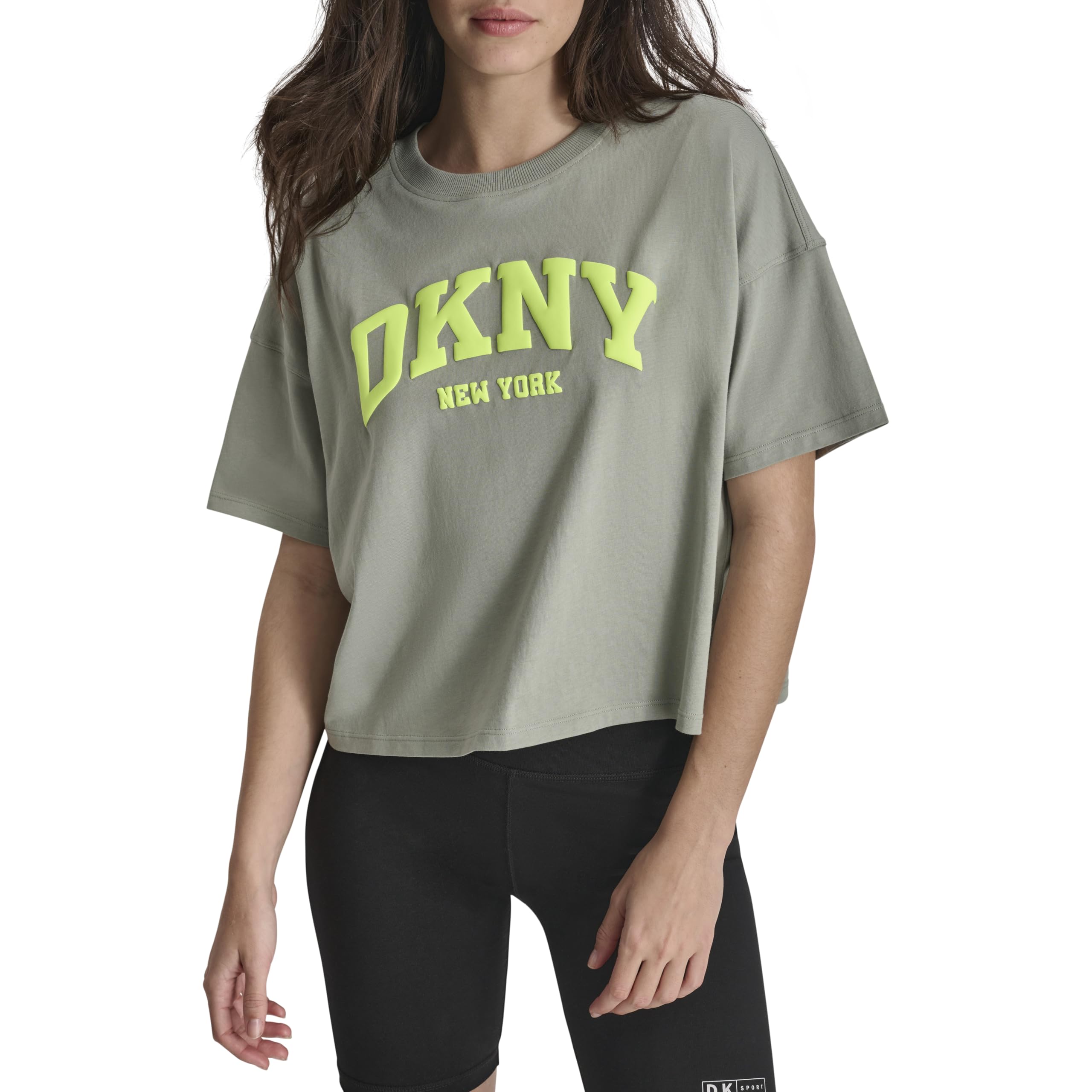 Image secondaire de DKNY Women's Varsity Puff Logo Cropped Short Sleeves Tee, Lily Pad, X-Large Blouse, XL Femmes