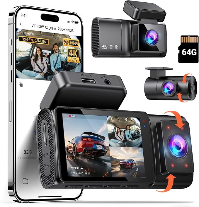 Dash Cam Front Rear and Inside: 3 Channel 4K Dash Camera with 5GHz WiFi IR Night Vision - WDR Car Camera with Free 64GB Card - APP Control Dashcam with 24H Parking Mode G-Sensor Loop Recording(X7)
