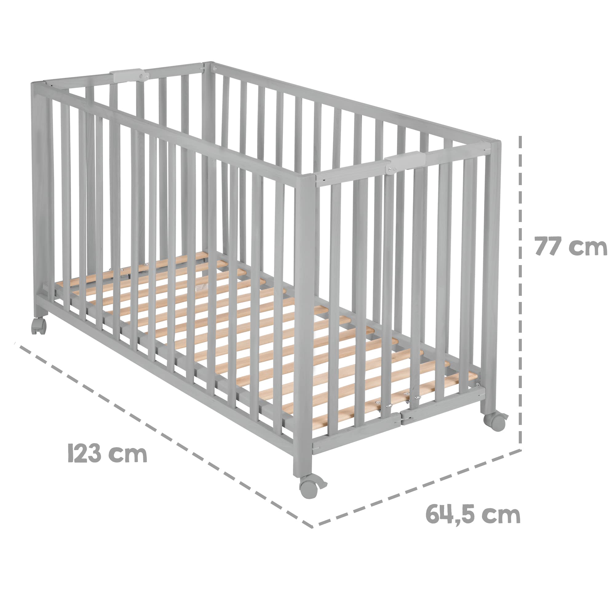 roba Klappbett Fold Up 60 x 120 - Klappbares Babybett aus Holz - 2-fach höhenverstellbar - Platzsparendes Gitterbett auf Rollen - Taupe