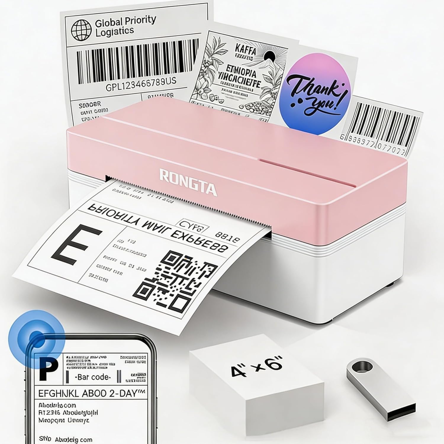 Rongta RP425 - Impresora térmica de etiquetas de envío (rosa)