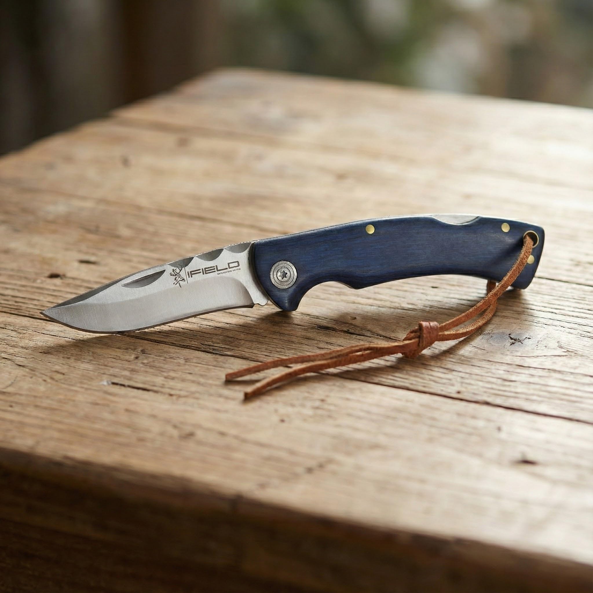 iFIELD EL29039 Coltello da caccia pieghevole Bushcraft Sopravvivenza Escursionismo Campeggio, lama in acciaio inox con manico blu stamina, Made in Albacete (Spagna)