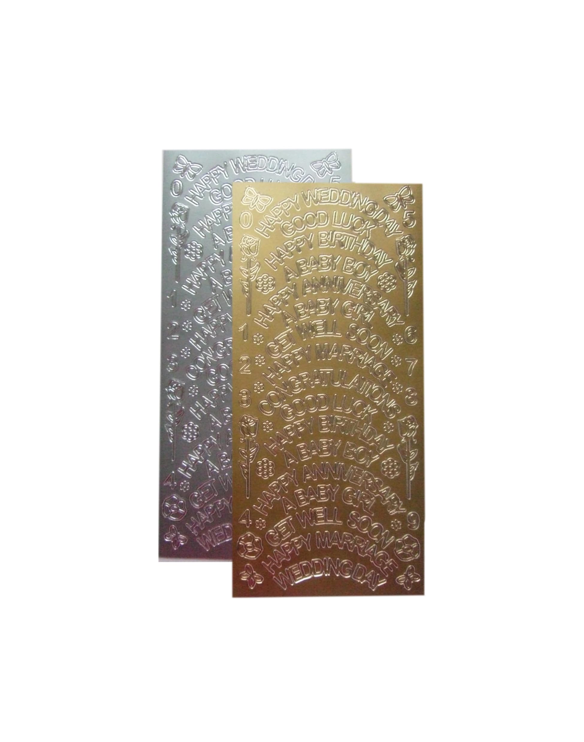 Vsorce4u 2 x Gold & Silver Sheets - Arched Mixed Sentiment Greetings Peel Off Sticker Sheet for Crafting, Card Making, Scrapbooking, Art & Craft