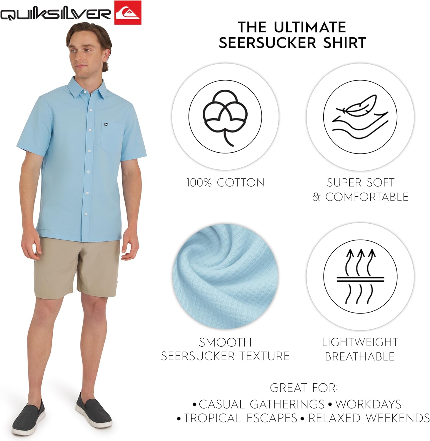Quiksilver Men's Regular Fit Premium Cotton Short Sleeve Button Down Seersucker Shirt - Image 3