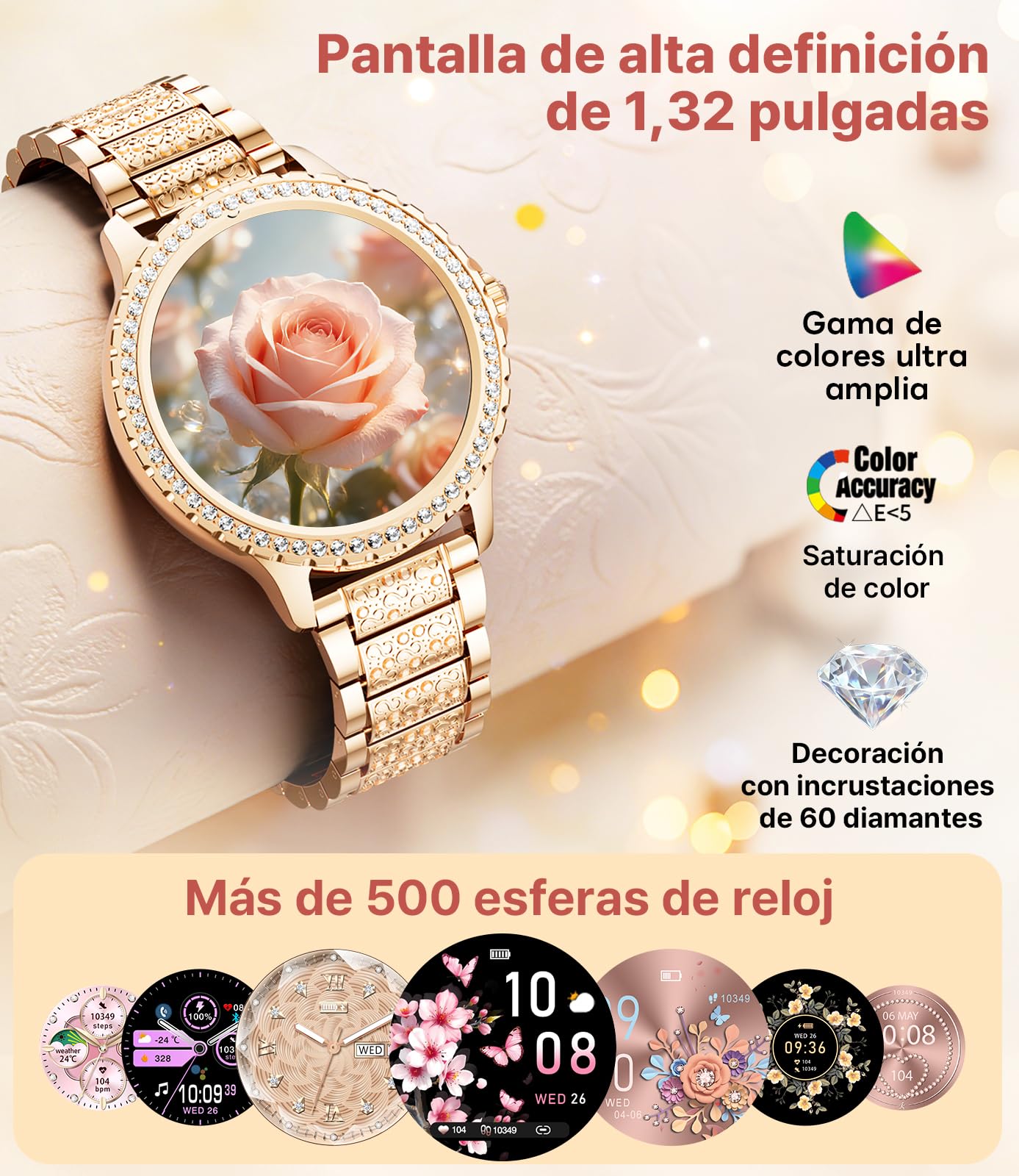 LIGE Reloj Inteligente Mujer, 1.32" Diamante Smartwatch, Oro Rosa | 500+ Esfera, A prueba de agua IP68, 100+ Deportes, Monitor de Sueño, Podómetro, Llamada Bluetooth, Correa de Acero Inoxidable