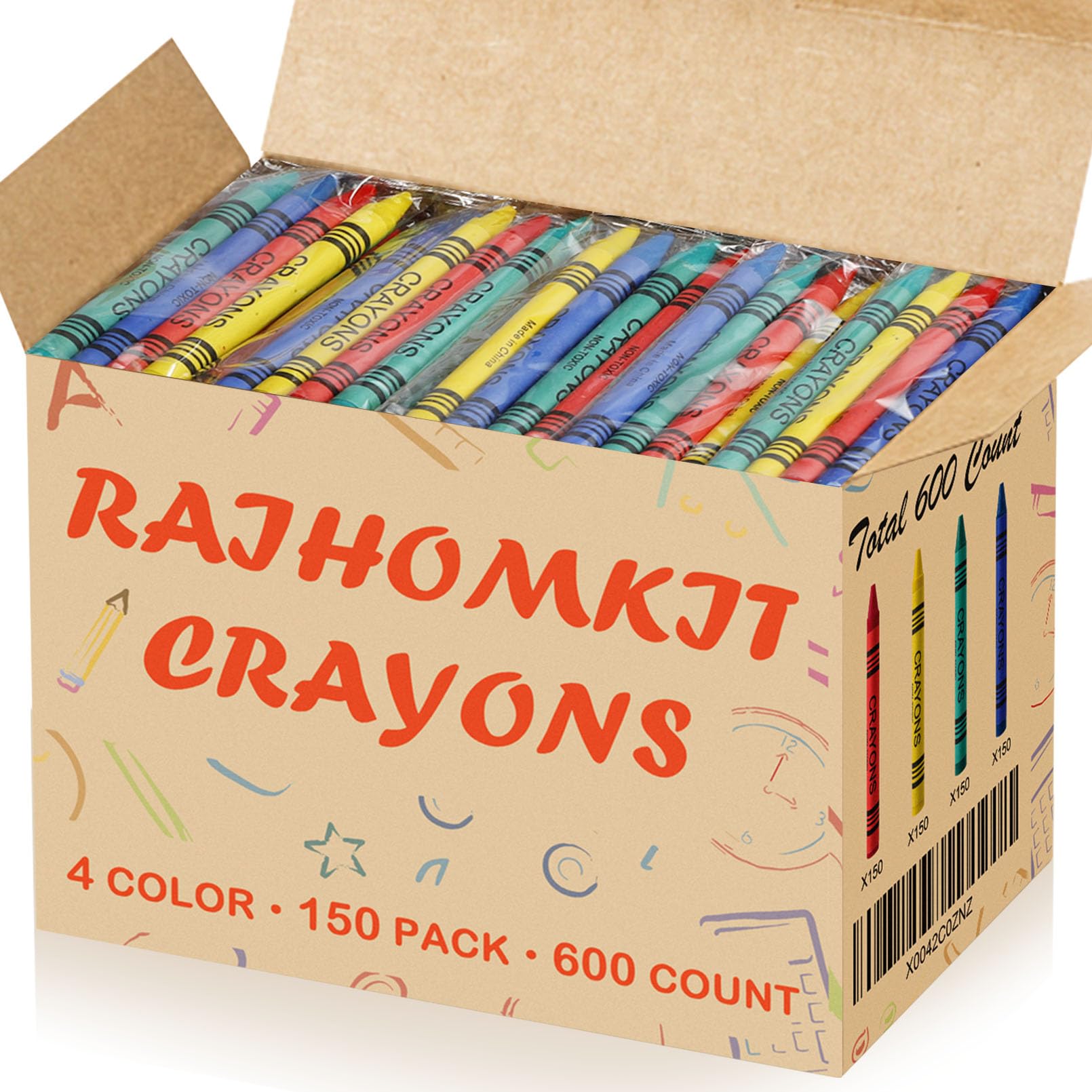 RAIHOMKIT 150 Pack Crayons,600 Count Crayons Bulk,Jumbo Crayones for Kids,Crayon Party Favors,Easy to Hold Crayon Packs (4 Colors)