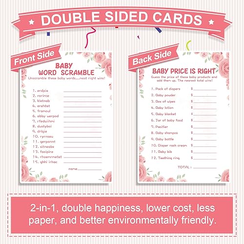 Miniatura 5 de Juegos de Baby Shower para Niña - 2 Juegos (50 de Cada), Juego de Baby Shower Word Scramble y Price is Right, Doble Cara, Cartón Grueso, Divertido,