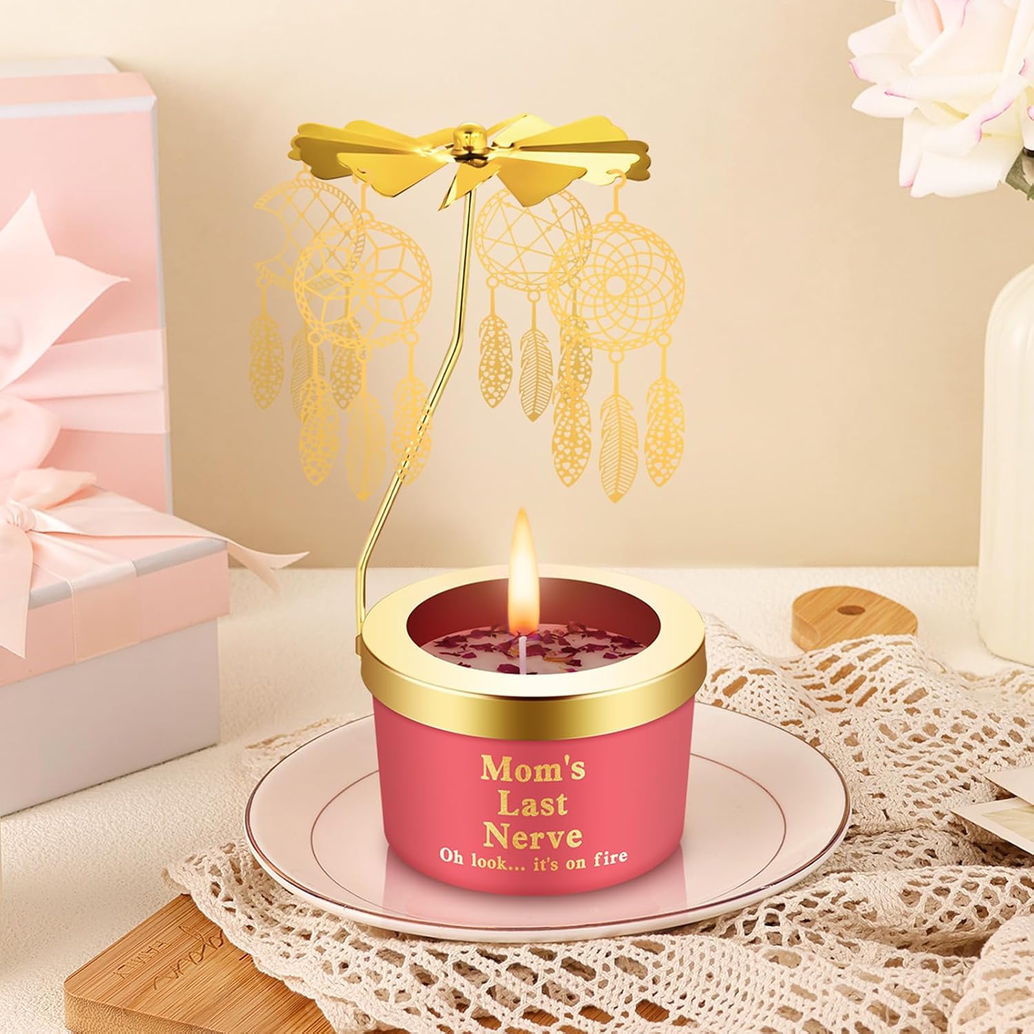 Candle Gifts for Mom, Moms Last Nerve Candle, Christmas Mothers Day Gifts for Mom Funny Birthday Present for Women Mama Dream Catcher Rotating Scented Candles Oh Look Its On Fire
