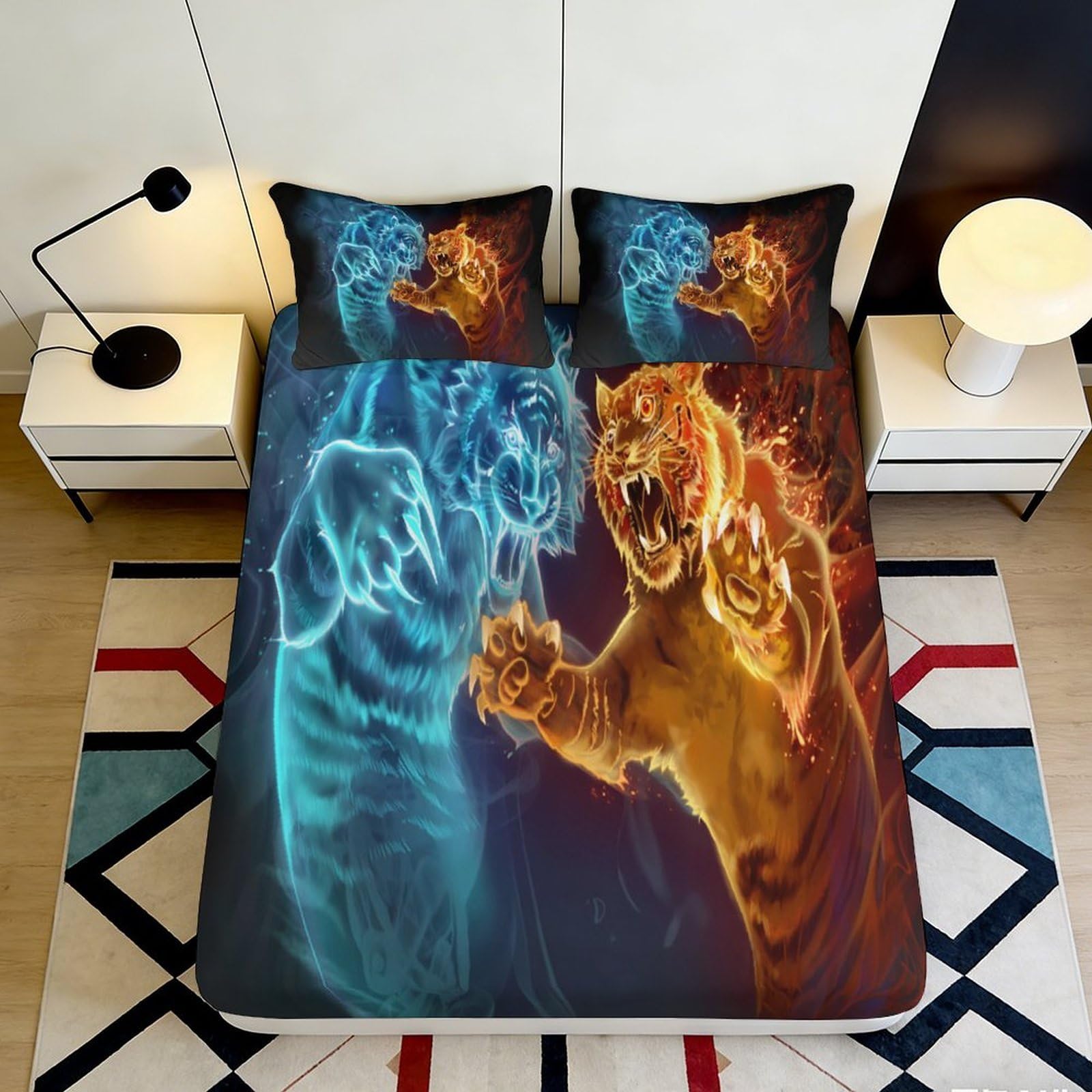 3D Printed Fire Tiger Fitted Sheet Microfiber Soft Blue Ice Tiger Mattress Cover for Bedroom Dorm Mattress Protection Decor 160x200x25cm