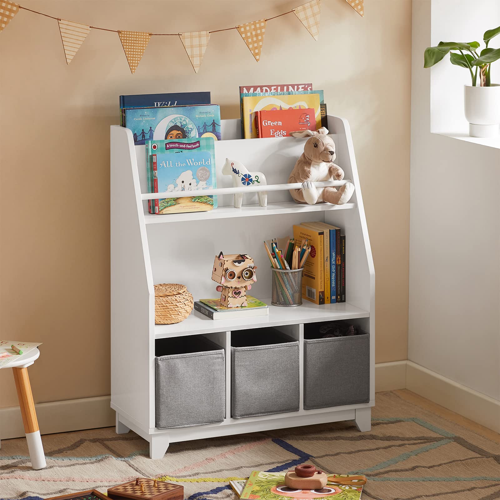 SoBuy Bibliothèque Enfant 3 Paniers Charge Max. 50kg 63x28x80cm | étagère livre avec compartiments et boîtes de rangement, MDF E1, pour chambre bébé KMB34-W