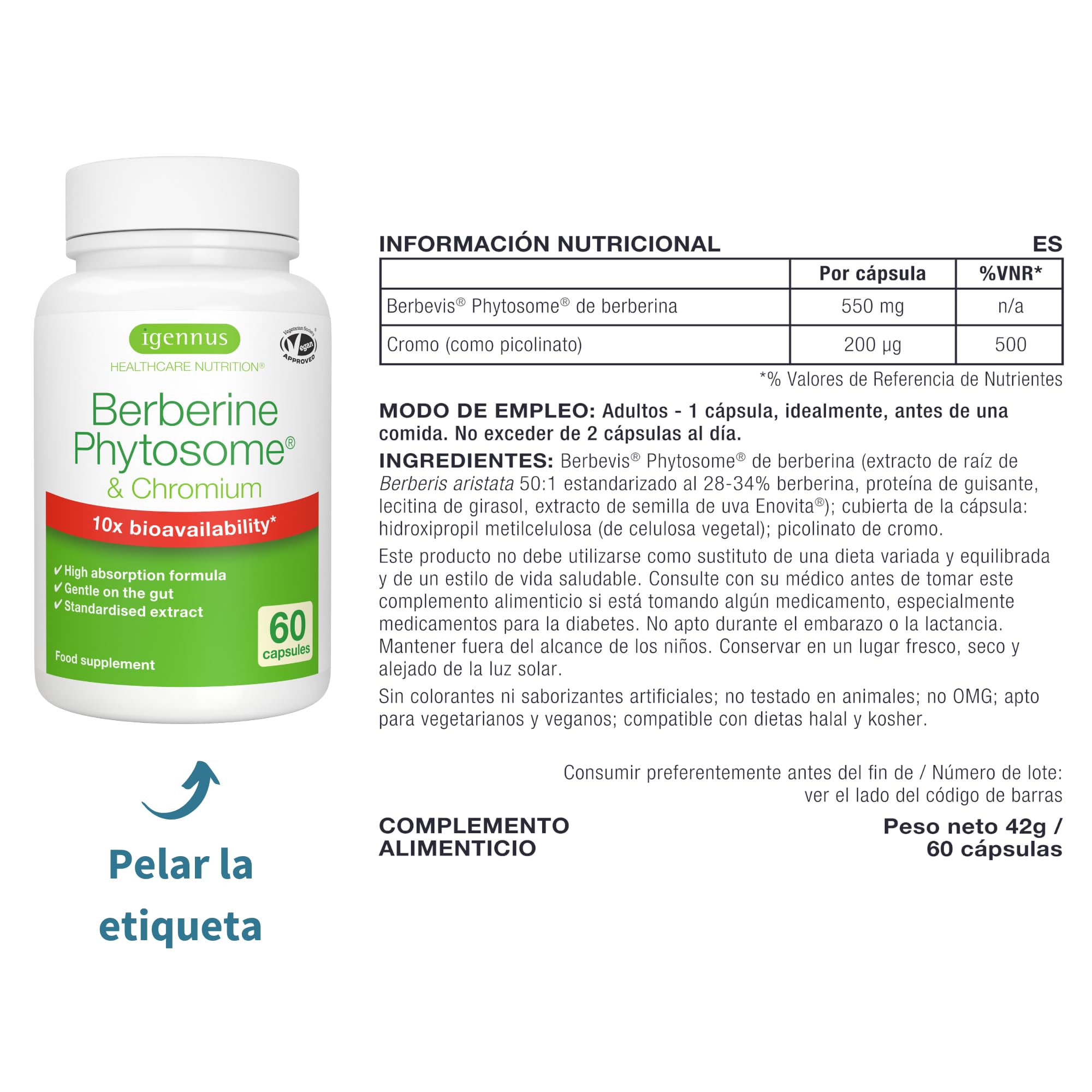 Igennus Berberina 550 mg Fitosomada, Acción Dual con Picolinato de Cromo, Alta Absorción, Control de la Glucosa, Extracto Estandarizado, Ingredientes Puros, 60 Cápsulas Veganas