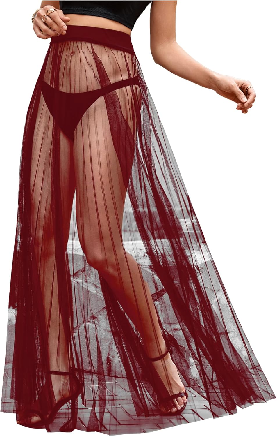 OYOANGLE Women's Sheer Mesh Maxi Flowy Skirt High Waist Vacation Concert Bridal A Line Long Skirts